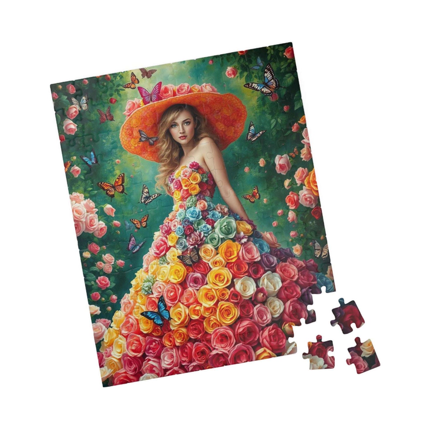 Lady of the Rainbow Rose Garden - Vibrant Floral Butterfly Fantasy Jigsaw Puzzle