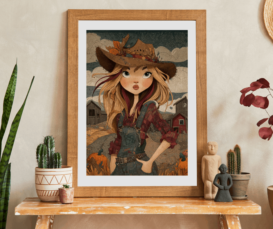 1990s Autumn Cowgirl Jigsaw Puzzle - Grunge Patchwork, Retro Cartoon-Style Illustration Farm Scene Puzzle The Puzzle Chest