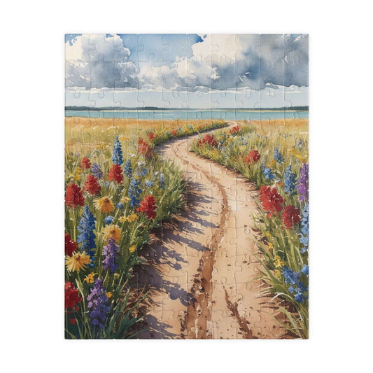 Serene Landscape Puzzle, Winding Dirt Path with Wildflowers and Clear Water, Nature-Inspired Jigsaw Game for Puzzle Enthusiast, Mindful 110 pcs (Vertical) Puzzle The Puzzle Chest