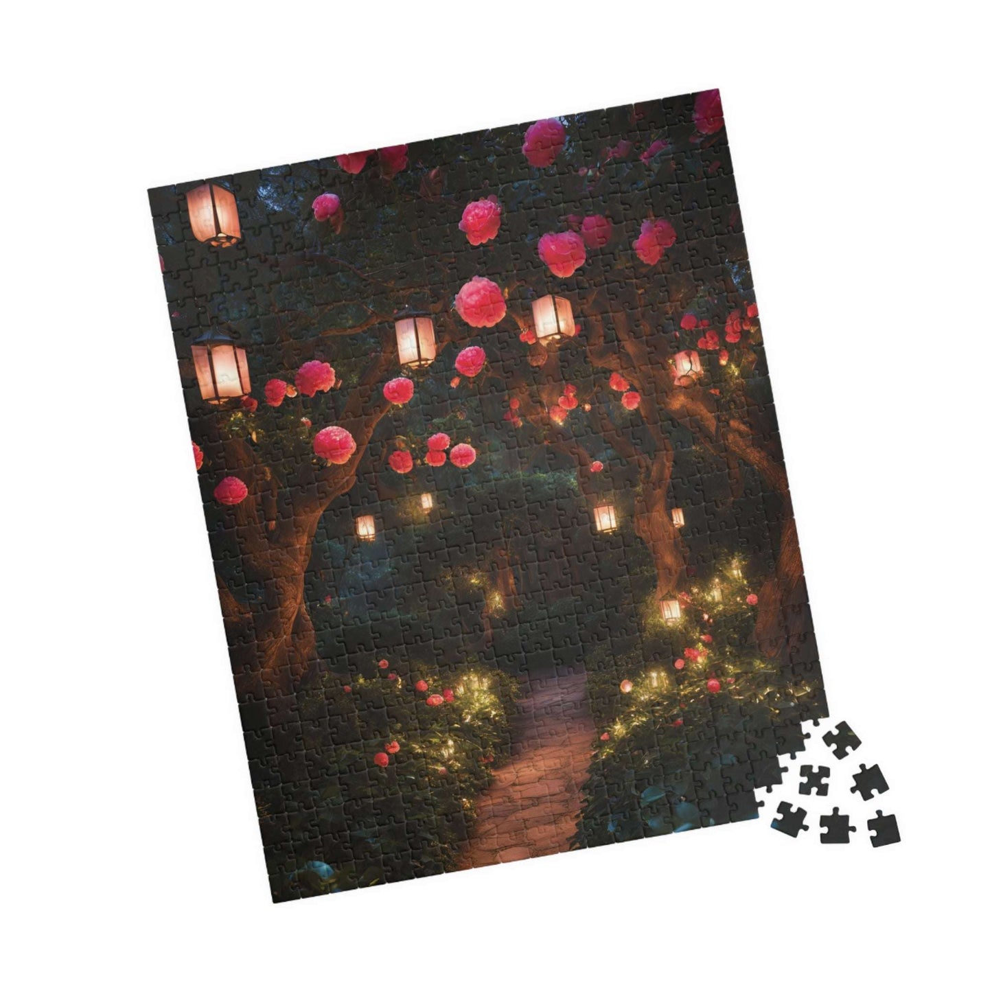 Camellia Flowers Nighttime Puzzle, Tranquil Lantern-Lit Floral Scene, Cozy and Relaxing Jigsaw Game for Adults, Ideal Nature Lover Gift Puzzle The Puzzle Chest