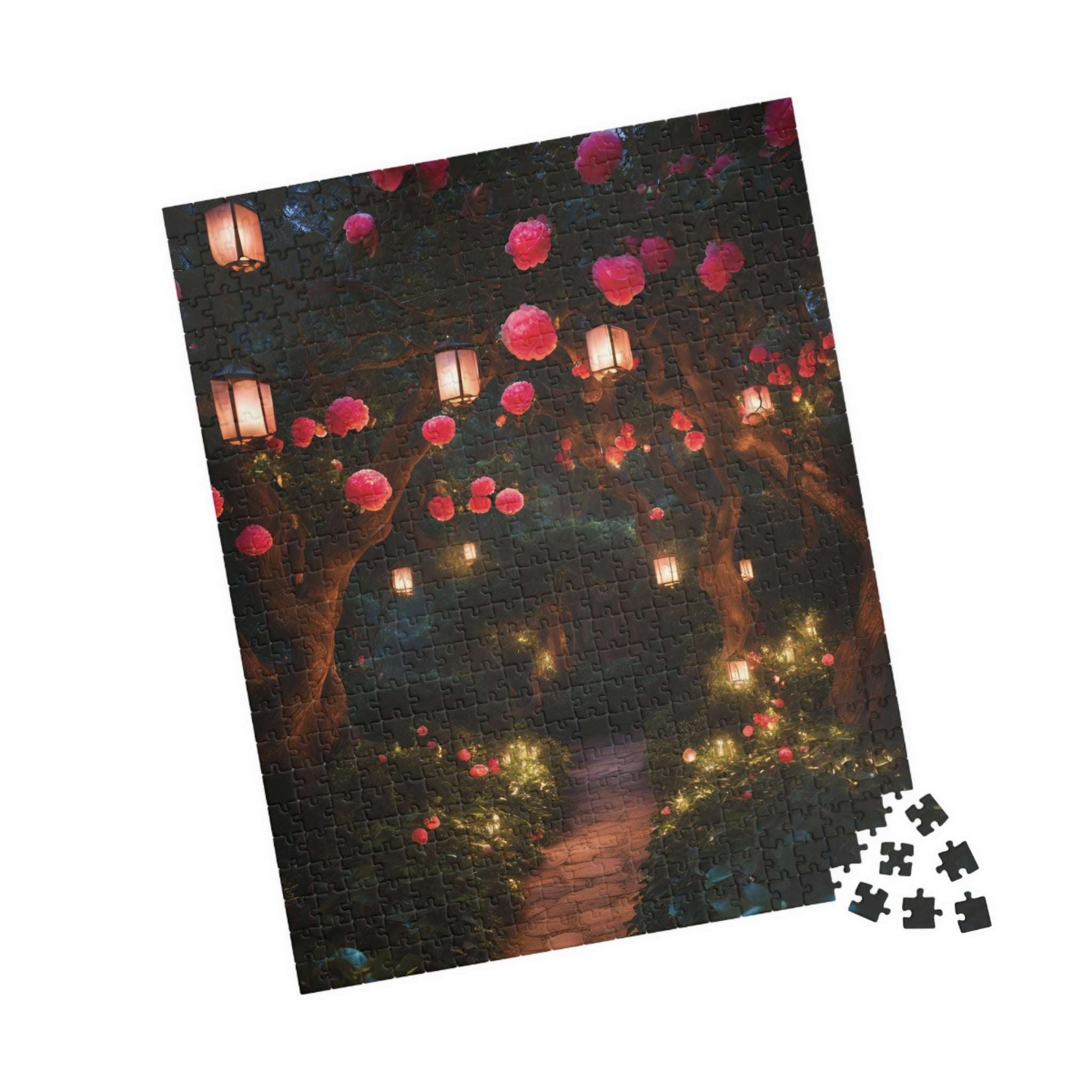 Camellia Flowers Nighttime Puzzle, Tranquil Lantern-Lit Floral Scene, Cozy and Relaxing Jigsaw Game for Adults, Ideal Nature Lover Gift Puzzle The Puzzle Chest