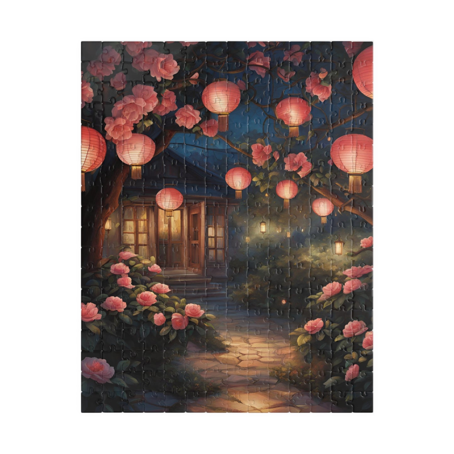 Cottage Landscape Jigsaw Puzzle, Nature-Inspired Floral Flower Design, Nighttime Lanterns and Camellias, Relaxing Hobby, Family Game Night 252 pcs (Vertical) Puzzle The Puzzle Chest