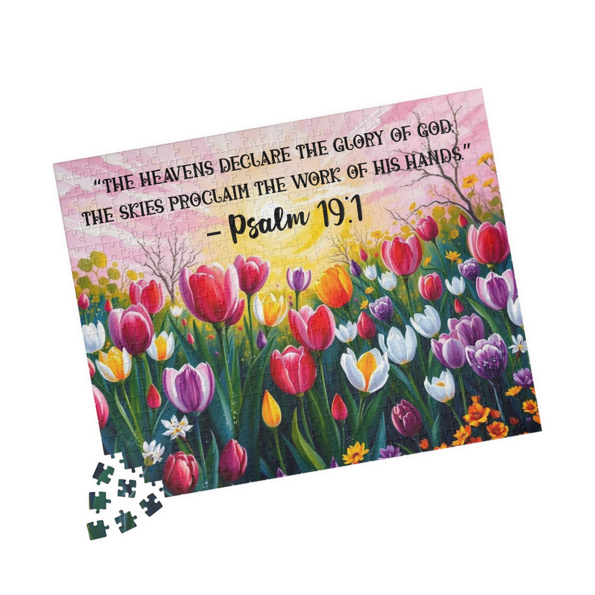 Glory of Creation Jigsaw Puzzle - Sunrise Tulips, Floral Christian Nature Theme, Biblical Quote Psalm 19:1, Inspirational Faith Based Game, Religious Gift Idea 520 pcs (Horizontal) Puzzle The Puzzle Chest