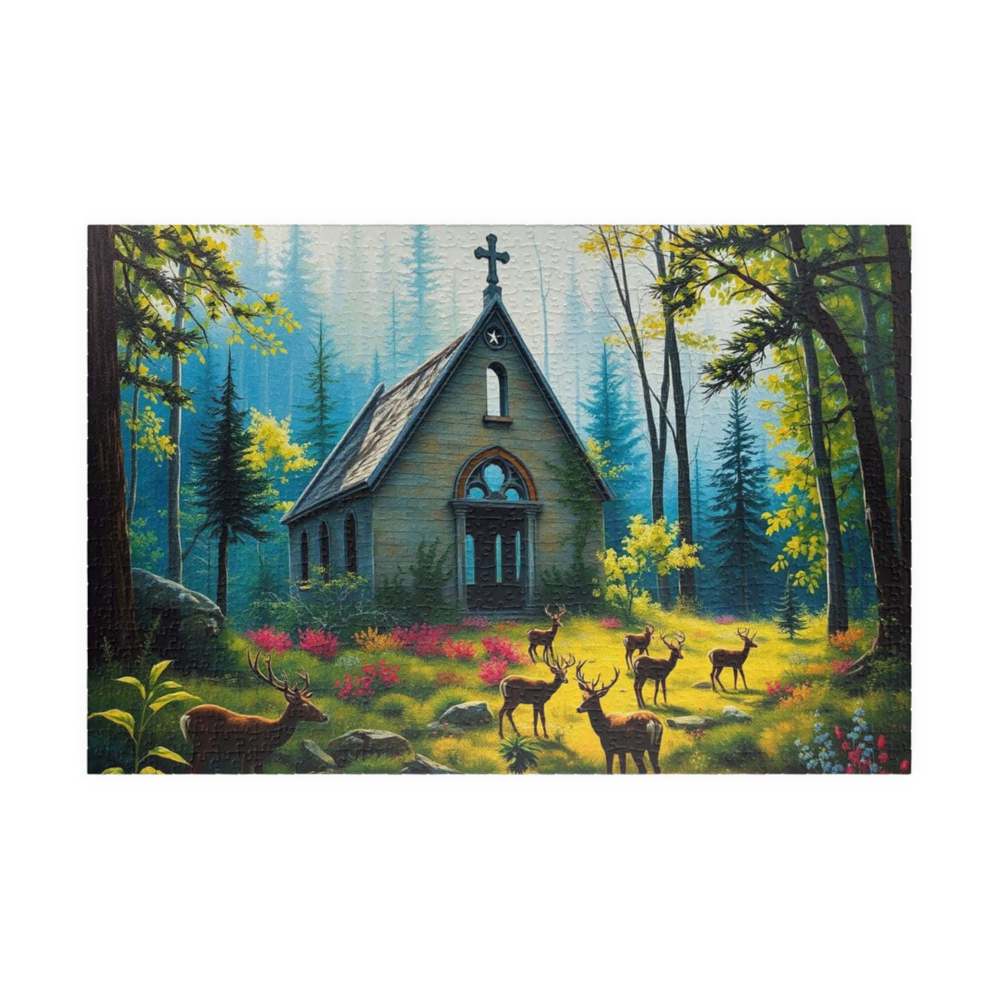 Sancturary Reclaimed Jigsaw Puzzle - Collapsed Chapel in Forest, Deer Puzzle, Gothic Puzzle, Serene Nature Puzzle, Wildlife Art Print 1014 pcs (Horizontal) Puzzle The Puzzle Chest