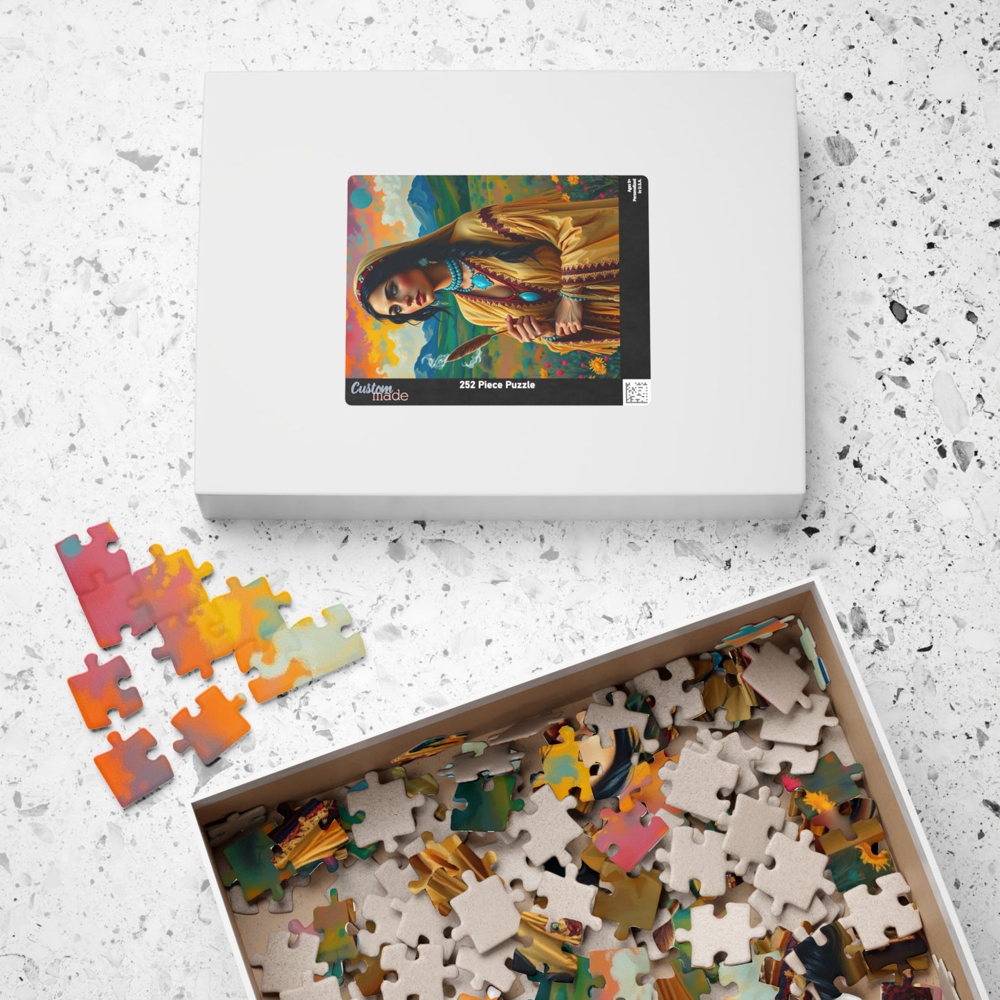 Spiritual Indigenous Bride Puzzle with Turquoise Jewelry and Smudge Stick, Colorful Landscape Wedding Jigsaw Game, Unique Puzzle Lover Gift Puzzle The Puzzle Chest