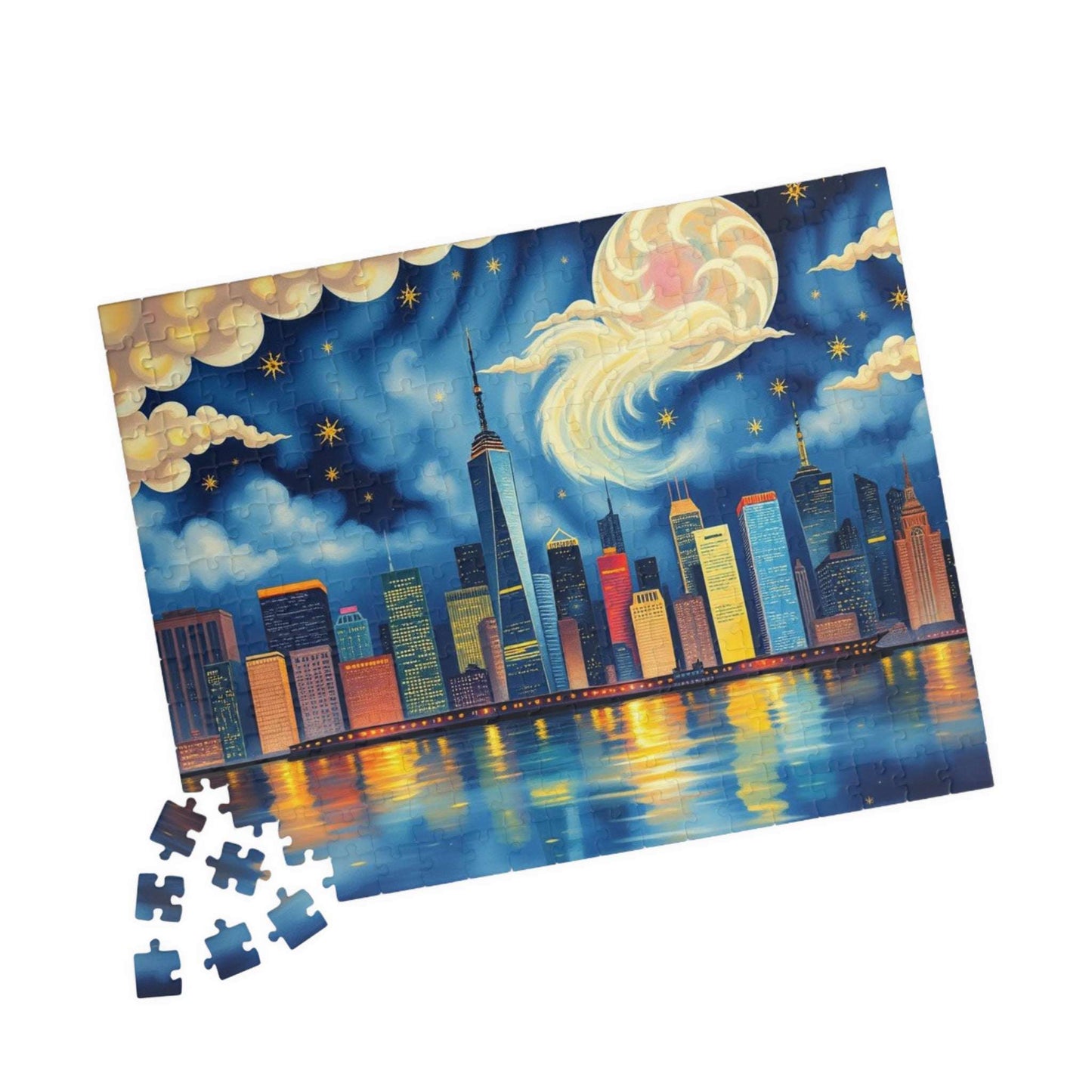 Manhattan City Skyline at Night Jigsaw Puzzle – Urban Landscape Brain Teaser Game for Adults & Teens 252 pcs (Horizontal) Puzzle The Puzzle Chest