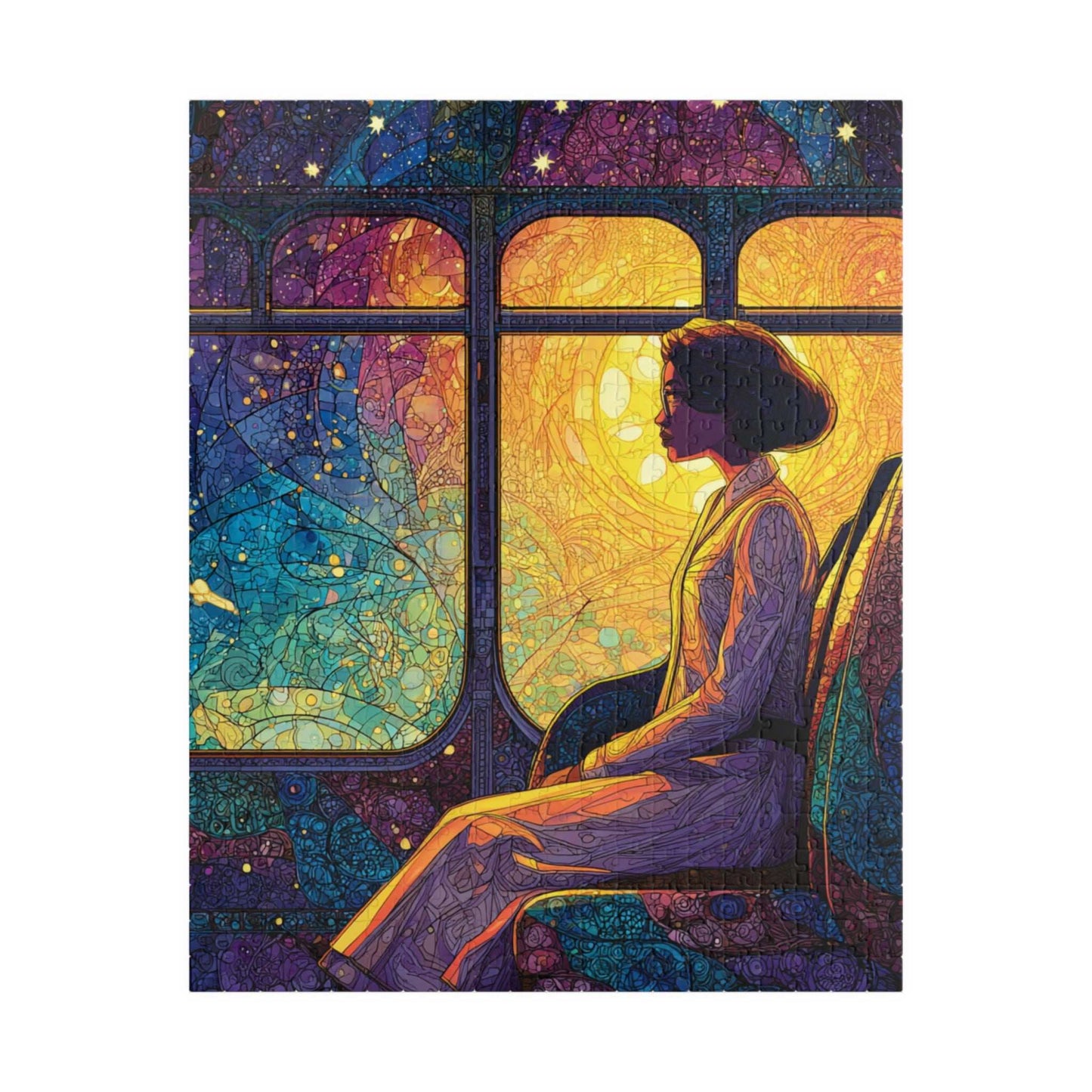 Afrocentric Rosa Parks Puzzle – Black History Figure Jigsaw, Stained Glass Illustration, Civil Rights Hero Artwork, Golden Glow Bus Scene, Abstract Star Patterns Puzzle The Puzzle Chest