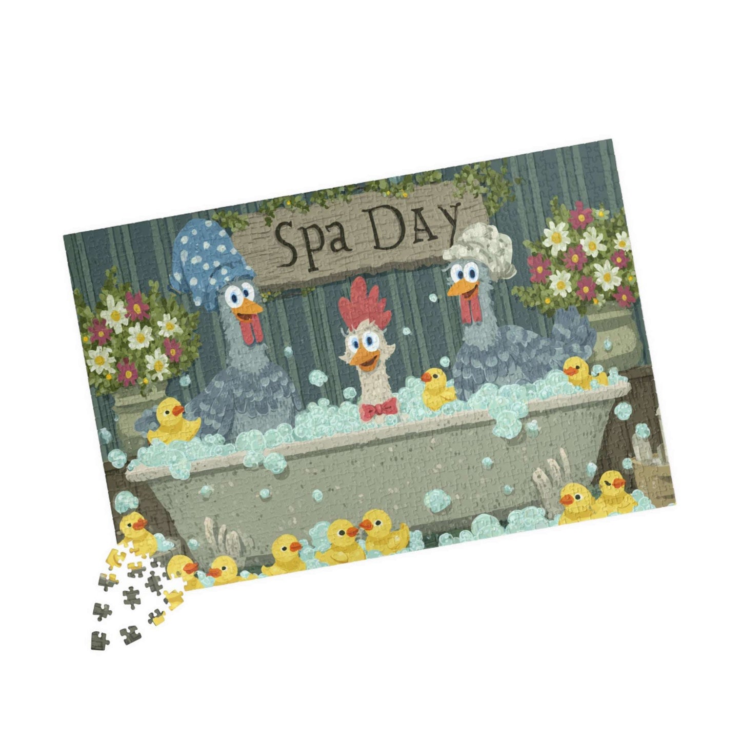 Funny Rubber Duck Chicken Puzzle – Quirky Chickens in Bubble Bath with Ducks, Whimsical Fairy-Tale Jigsaw Puzzle 1014 pcs (Horizontal) Puzzle The Puzzle Chest