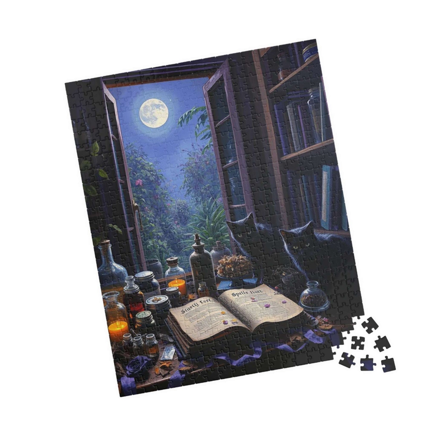 Alchemy in Bloom Jigsaw Puzzle - Mystical Moonlight Cat Puzzle, Enchanting 110-520 piece Game Ideal for Cozy Night In, Gift for Puzzle Lover