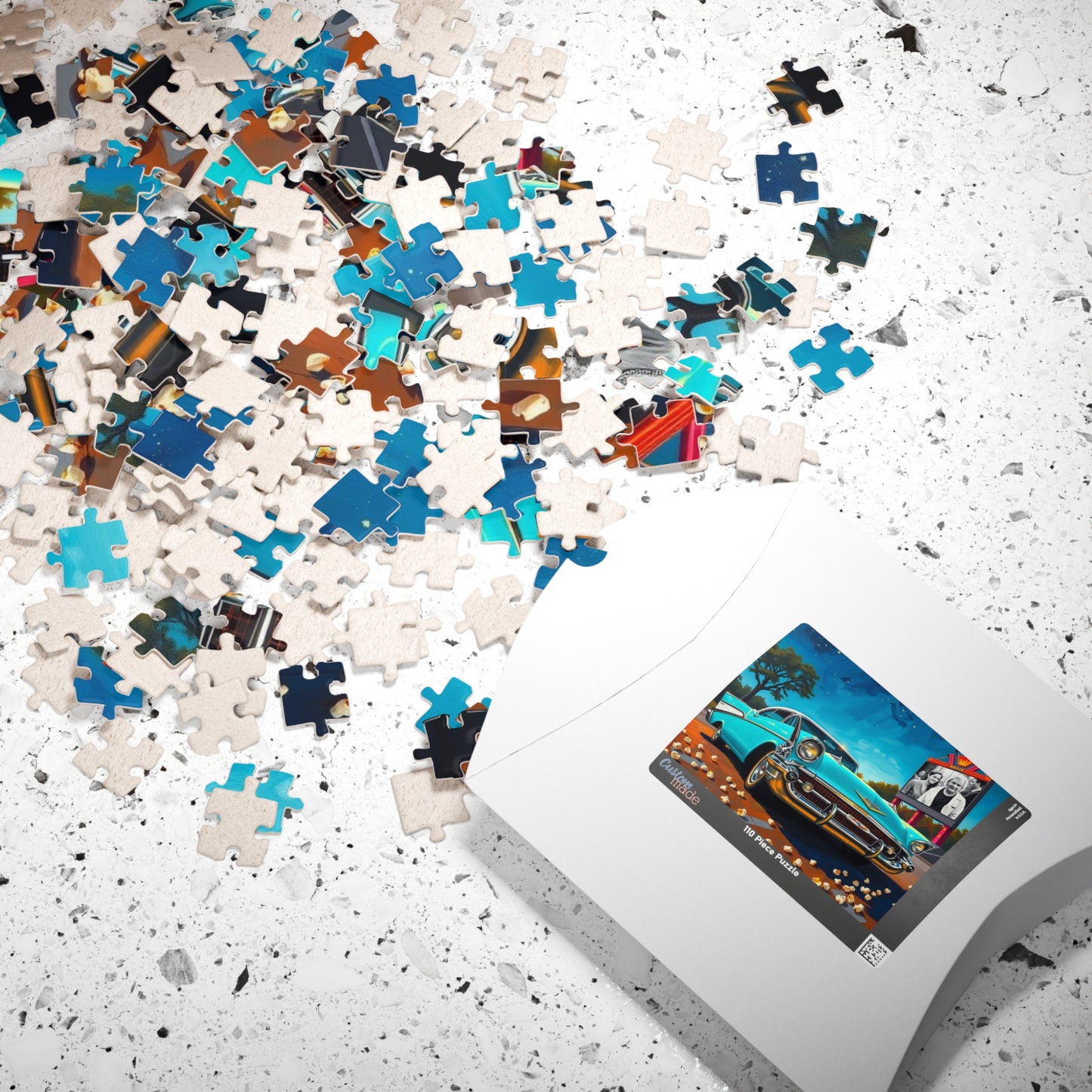 Nostalgic 1950s Car Puzzle, Turquoise Bel Air at Neon-Lit Drive-In, Classic American Car Enthusiast, Best Gift for Him, Mindfulness Puzzle The Puzzle Chest