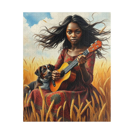 Wheat Field Ukulele Serenade Jigsaw Puzzle - Black Woman Art, Afrocentric Art, African American Musician Puzzle The Puzzle Chest