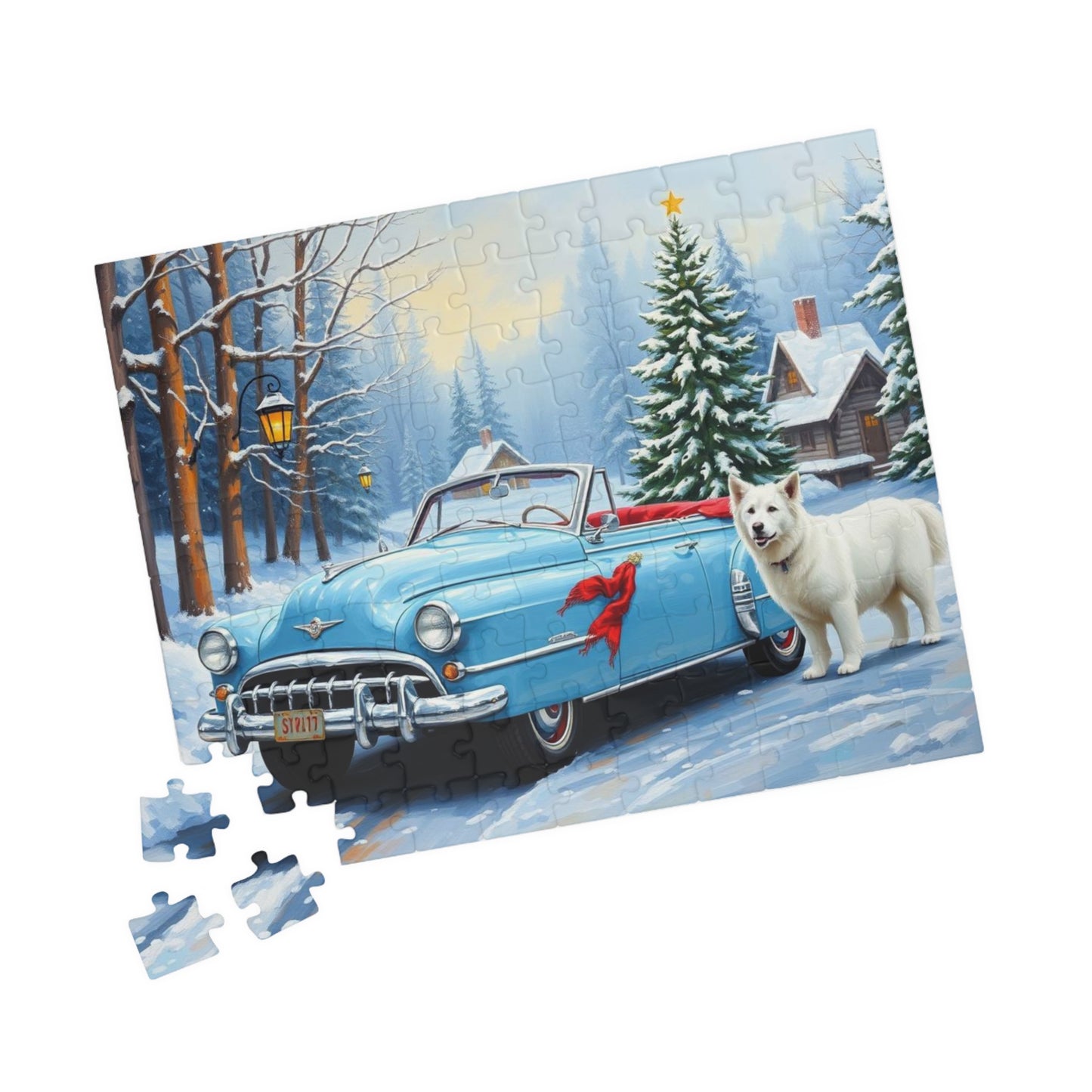 Evergreen Lane Jigsaw Puzzle - Vintage Car and Dog Scene, Holiday Gift for Friends, Family Activity, Christmas Cozy Indoor Fun Art Piece Puzzle The Puzzle Chest
