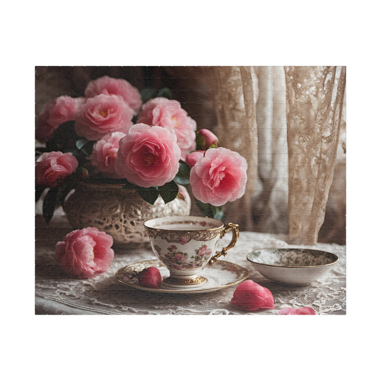 Jigsaw Puzzle, Teatime Vintage Image with Teacup and Carnations, Adult Tabletop Game, Brain Teaser, Creative Pastime, Gift for Puzzle Lover 520 pcs (Horizontal) Puzzle The Puzzle Chest