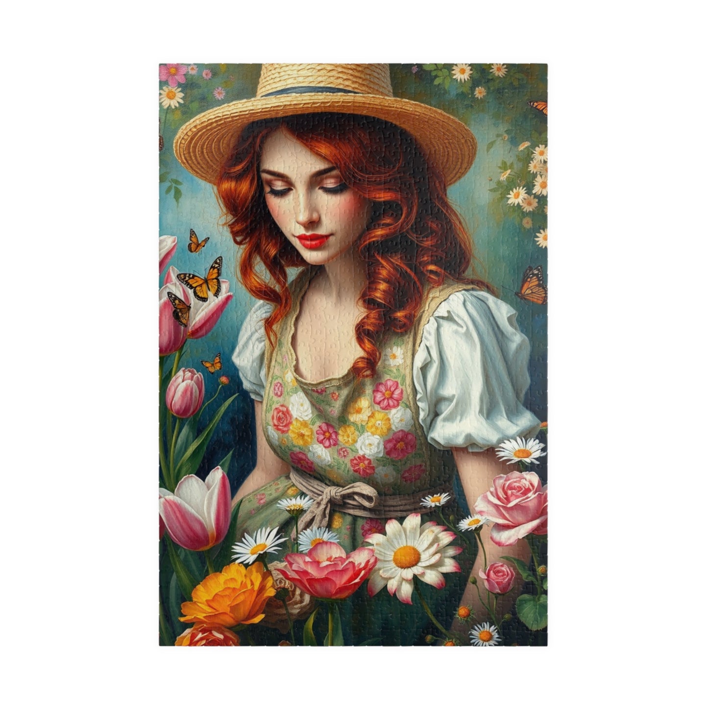 Jigsaw Puzzle, Woman Gardening Among Tulips, Daisies, Roses - 110, 252, 520, 1014-piece, Floral Apron, Straw Hat, Red Hair, Relaxing 1014 pcs (Vertical) Puzzle The Puzzle Chest