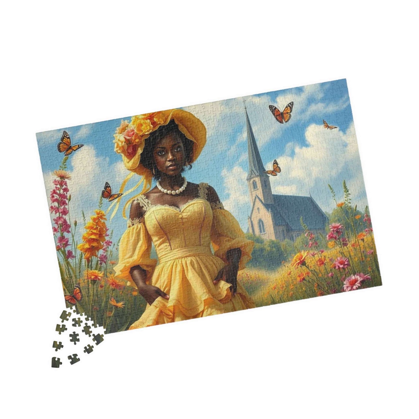 Victorian Puzzle - Black Woman in Ornate 19th-Century Dress in Wildflower Field, Afrocentric Art 1014 pcs (Horizontal) Puzzle The Puzzle Chest
