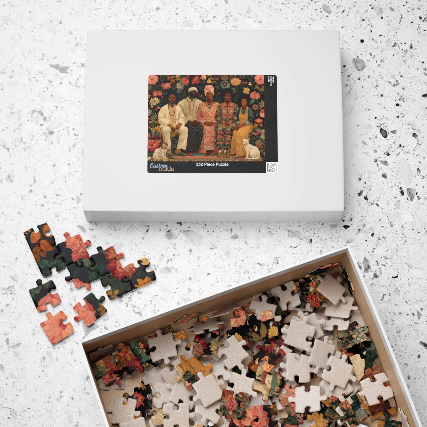 Black Art Jigsaw Puzzle - Afrocentric Family Portrait in Story-Quilt Style with Bold Patterned Fabrics Puzzle The Puzzle Chest