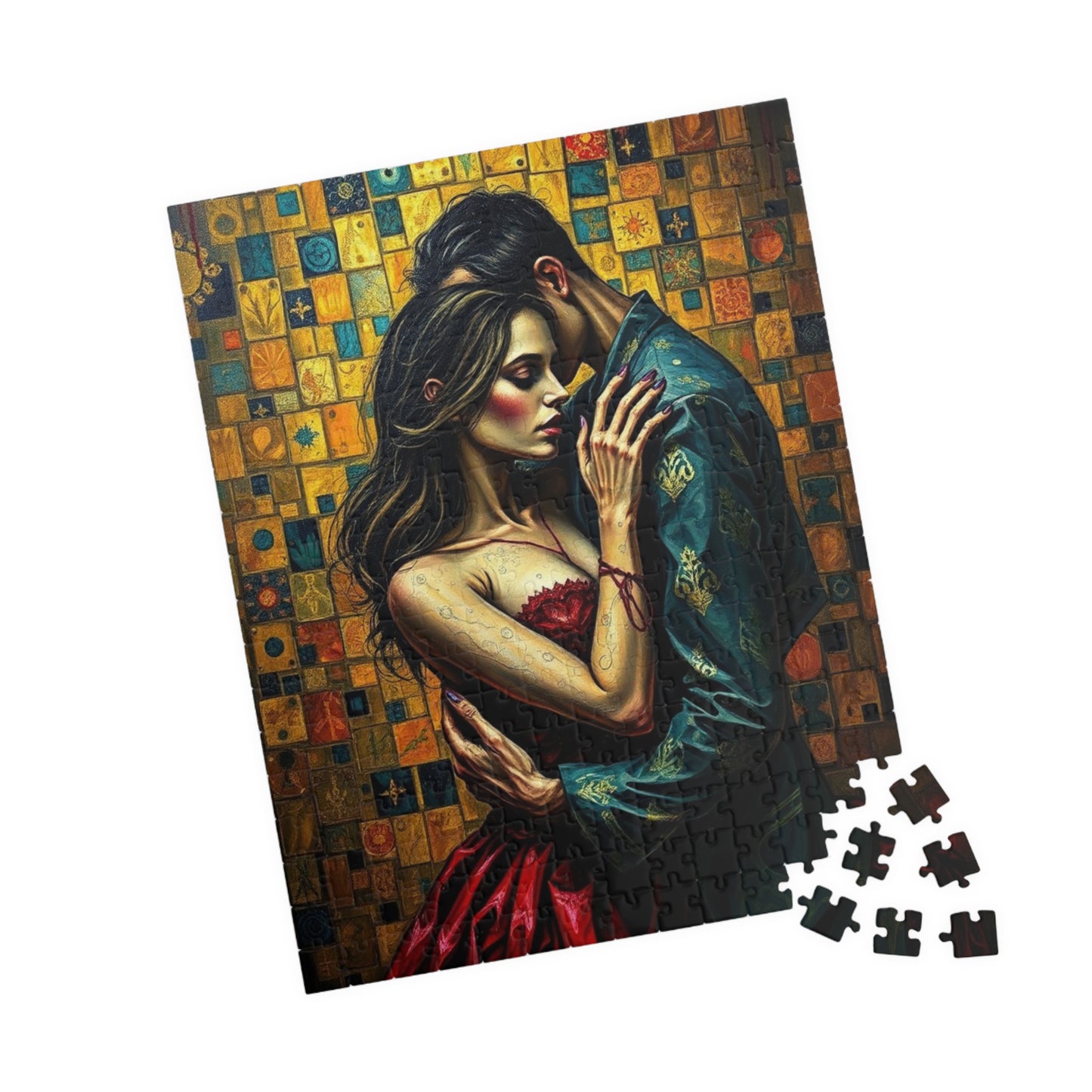 Romantic Embrace Gothic Jigsaw Puzzle, Eerie Couple Hugging Golden Jewel-Toned Patterns, Stress Relief, Unique Dark Art Puzzle Lover Gift Puzzle The Puzzle Chest