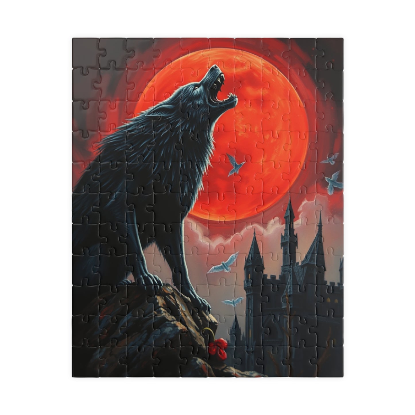 Gothic Wolf Jigsaw Puzzle, Howling at Blood Moon Mysterious Scene, Gift for Wolf Lovers, Spooky Night Entertainment, Solo Fun, Brain Teaser 110 pcs (Vertical) Puzzle The Puzzle Chest