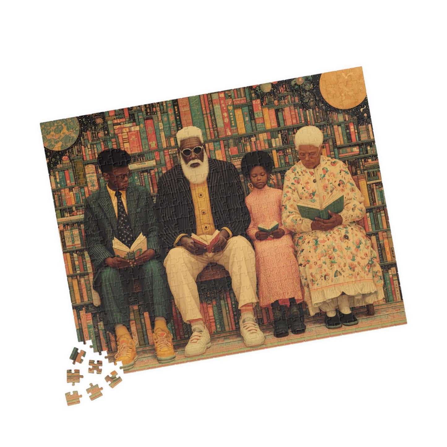 Black Art Jigsaw Puzzle - Afrocentric Community Library Scene with Family Reading Together, Thoughtful Holiday or Birthday Gift 520 pcs (Horizontal) Puzzle The Puzzle Chest