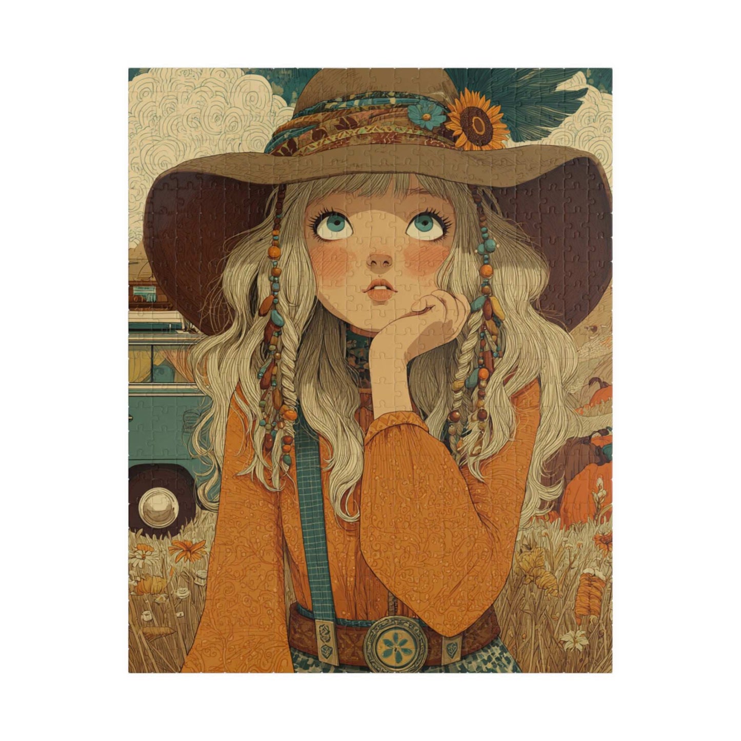1970s Autumn Cowgirl Jigsaw Puzzle - Boho Meadow, Cartoon-Style Illustration Perfect Gift for Family, Friends, Creative Fun, Home Decor Puzzle The Puzzle Chest
