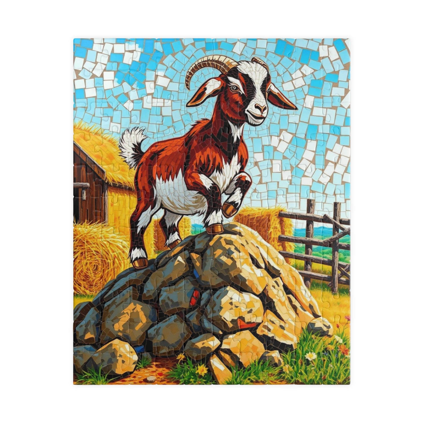 Playful Goat Mosaic Puzzle, Goat on Rocky Hill, Sunny Farm Scene Jigsaw Game for Adults, Family Activity, Mindful Puzzle Lover Gift 110 pcs (Vertical) Puzzle The Puzzle Chest