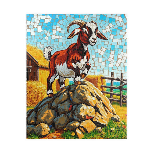Playful Goat Mosaic Puzzle, Goat on Rocky Hill, Sunny Farm Scene Jigsaw Game for Adults, Family Activity, Mindful Puzzle Lover Gift 110 pcs (Vertical) Puzzle The Puzzle Chest