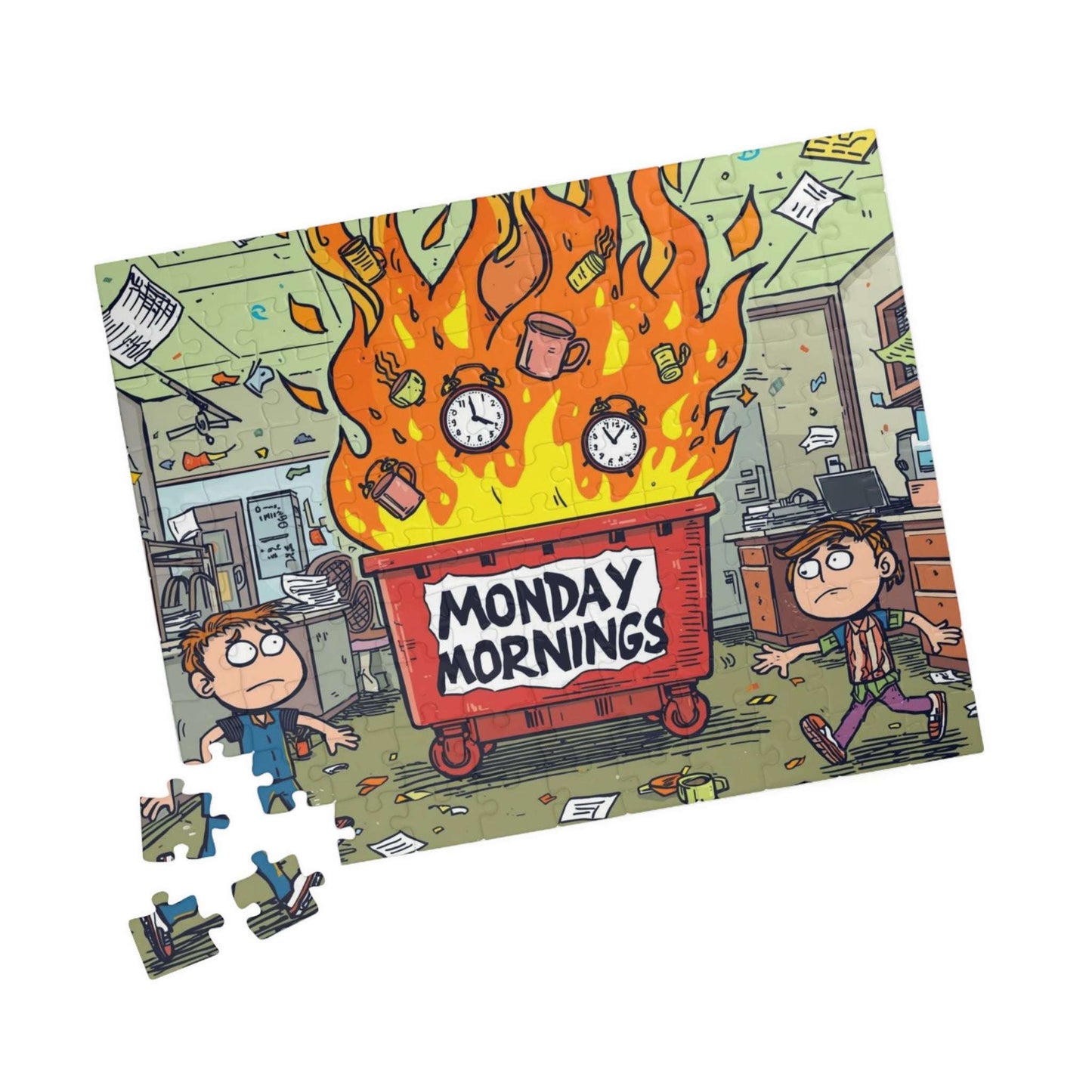 Monday Mornings Puzzle - Dumpster Fire Meme Jigsaw, Funny Office Holiday Birthday Gift for Coworkers, Work Humor Puzzle 110 pcs (Horizontal) Puzzle The Puzzle Chest