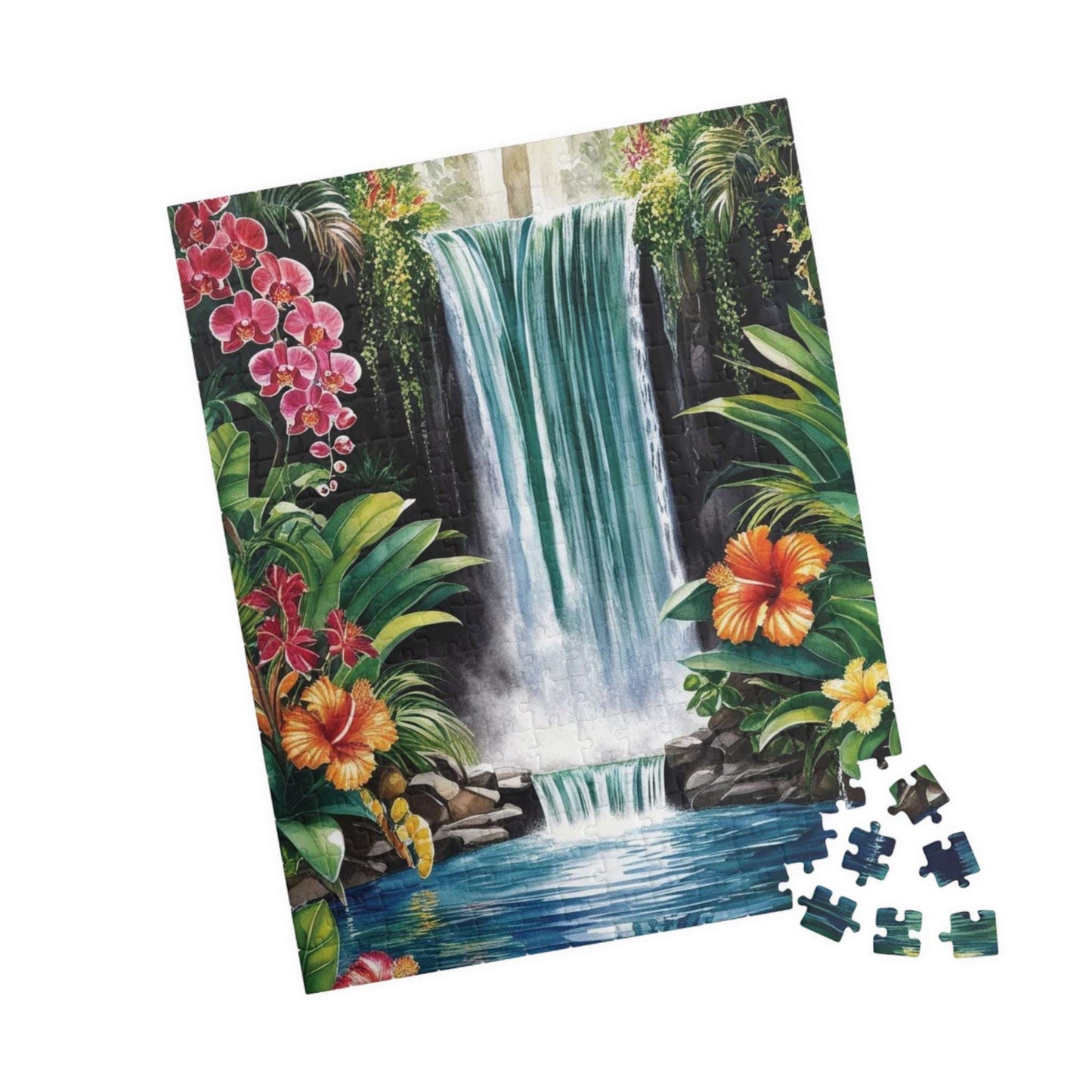 Tropical Waterfall Puzzle, Exotic Flowers Jigsaw Game Night Family Activity, Jungle Landscape Scene, Relaxing Brain Teaser for Puzzle Lover Puzzle The Puzzle Chest