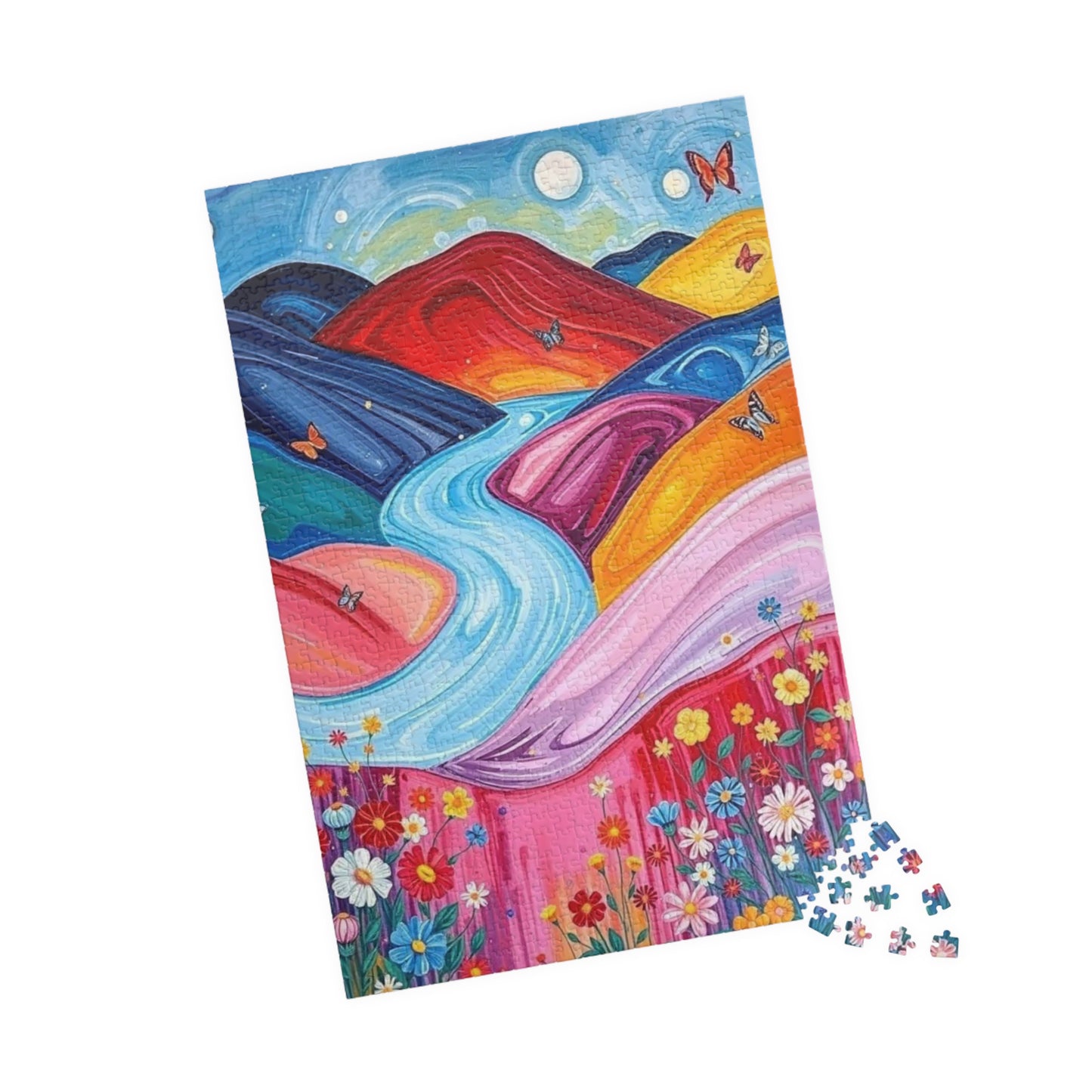 Pastel Petals - River Through Candy Hill Jigsaw Puzzle Colleciton, Beautiful Nature Puzzle, Colorful Landscape Art, Puzzle Lover Gift, Family Fun, 110/252/520/1014 Puzzle The Puzzle Chest