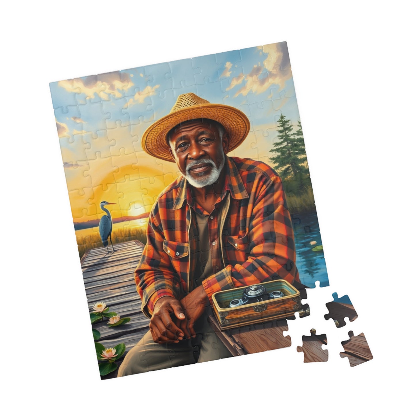 Fishing Themed Afrocentric Jigsaw Puzzle, African American Male at River, Family Bonding Activity, Nature Lovers Fathers Day Unique Gift Puzzle The Puzzle Chest