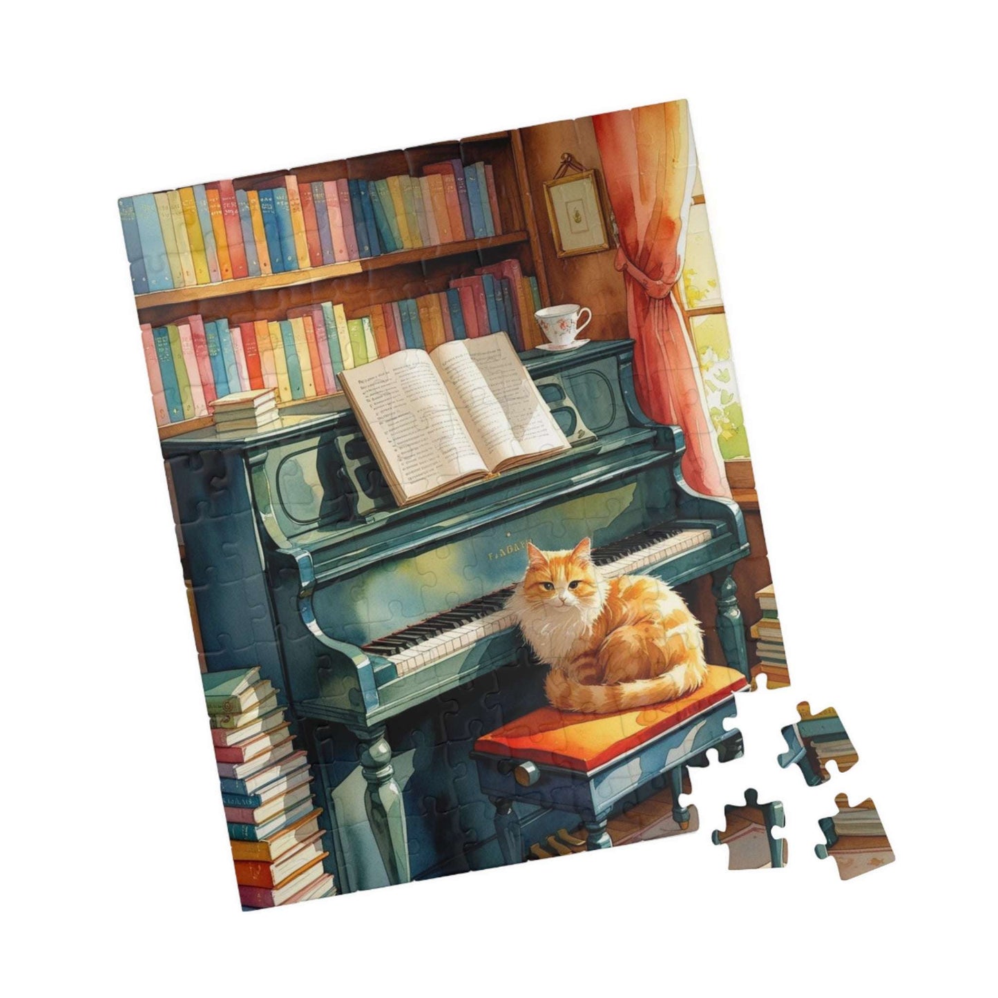 Cozy Piano Reading Nook Jigsaw Puzzle, Birthday Gift for Book Lover, Cat Mom, Piano Teacher & Music Fan, Cat Themed Puzzle, Indoor Activity