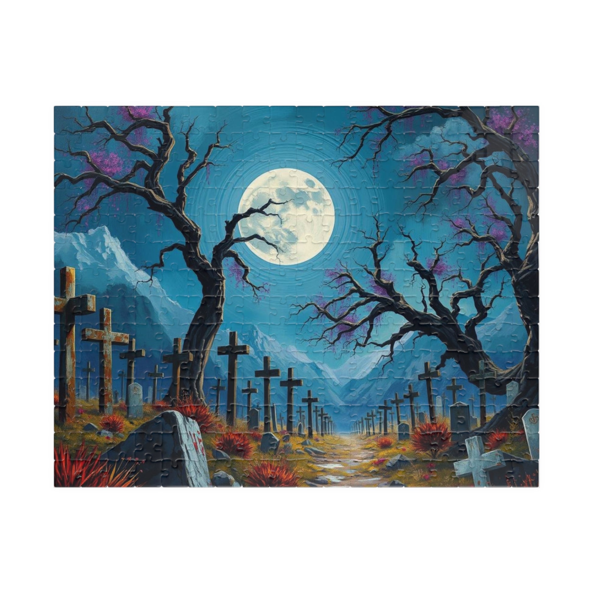 Moonlit Crosses Jigsaw Puzzle - Abandoned Cemetery, Gothic Art Print, Gothic Landscape, Spooky Graveyard Puzzle Lover Dark Fantasy Gift Idea 252 pcs (Horizontal) Puzzle The Puzzle Chest