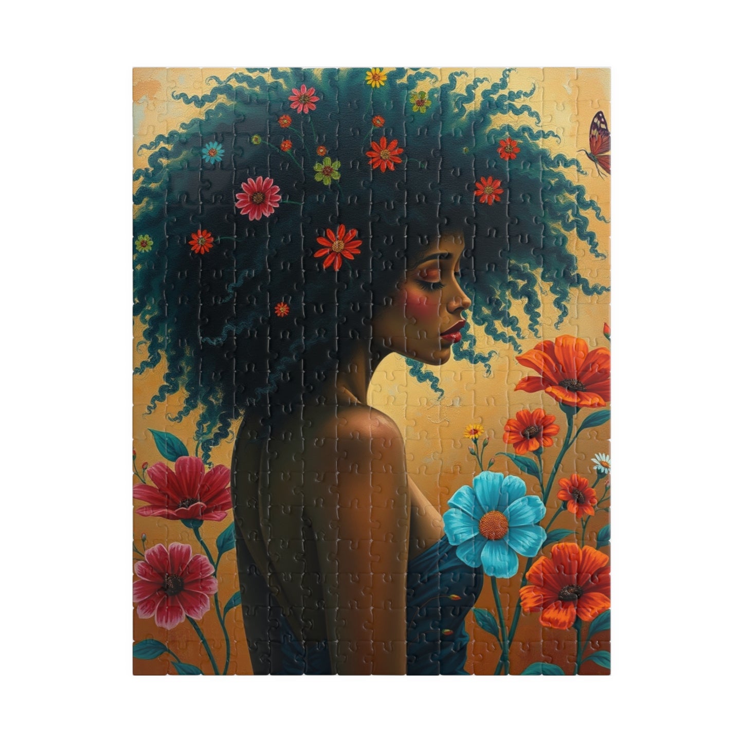 Jigsaw Puzzle, Black Woman with Afro and Colorful Flowers, Retro Aesthetics, Black Art, Brain Teaser Game, Mindfulness Activity, Friend Gift 252 pcs (Vertical) Puzzle The Puzzle Chest