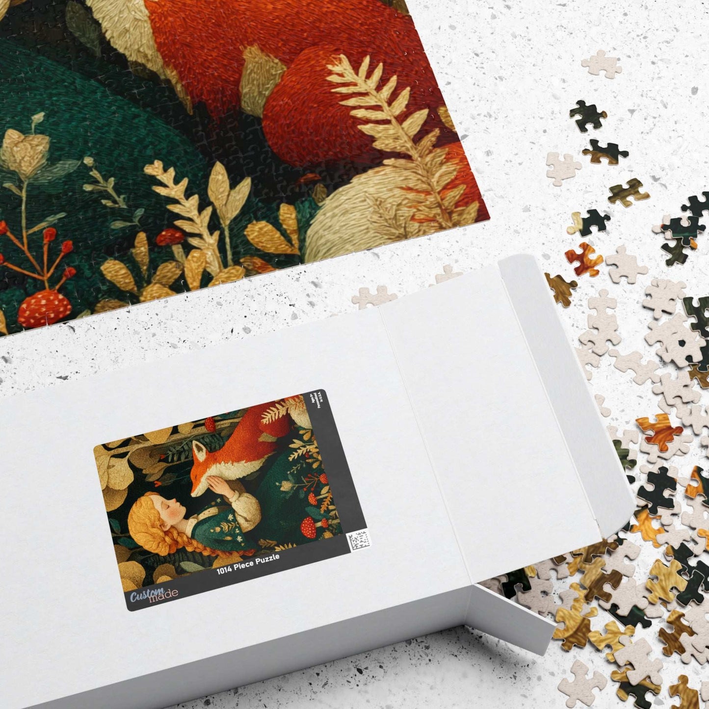 Woodland Clearing Jigsaw Puzzle – Red Fox, Girl in Green Dress, Autumn Forest Scene Puzzle The Puzzle Chest