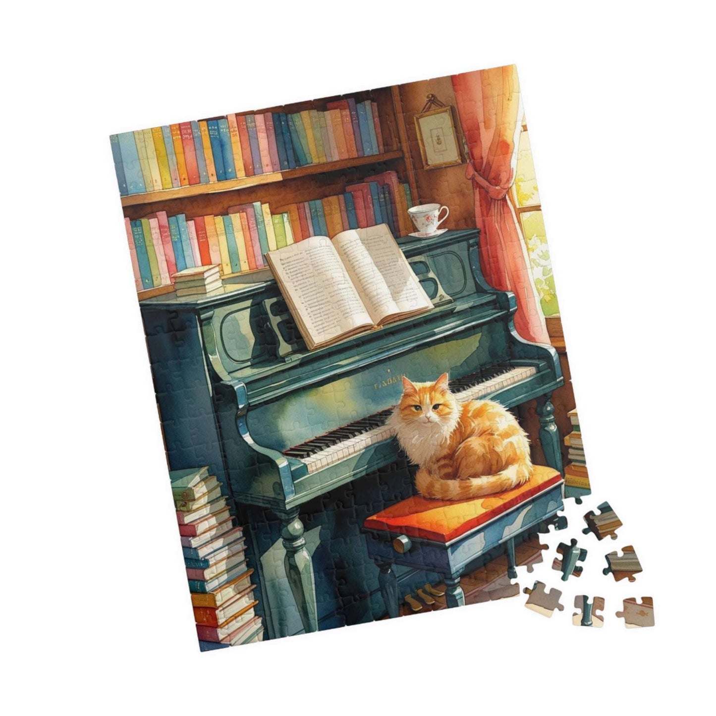 Cozy Piano Reading Nook Jigsaw Puzzle, Birthday Gift for Book Lover, Cat Mom, Piano Teacher & Music Fan, Cat Themed Puzzle, Indoor Activity