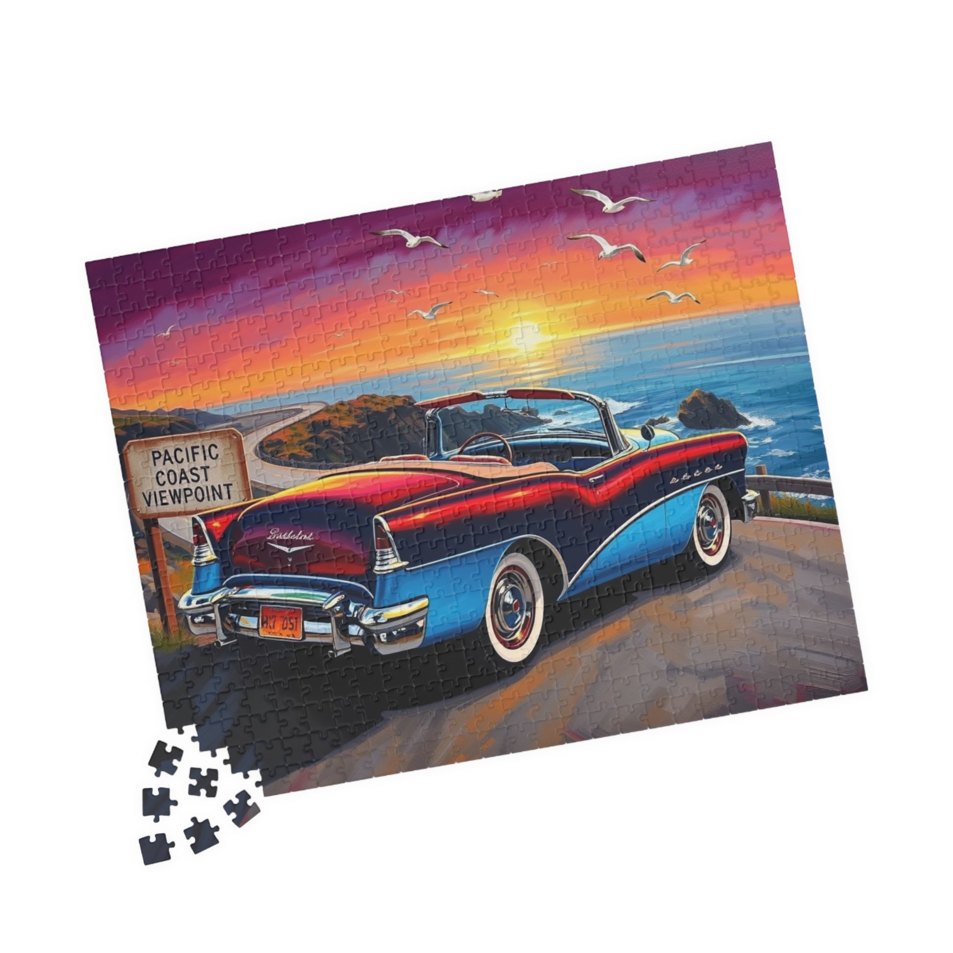 Vintage Car Puzzle, Sky Blue 1953 Convertible, Classic Vehicle at a Scenic California Overlook Puzzle The Puzzle Chest