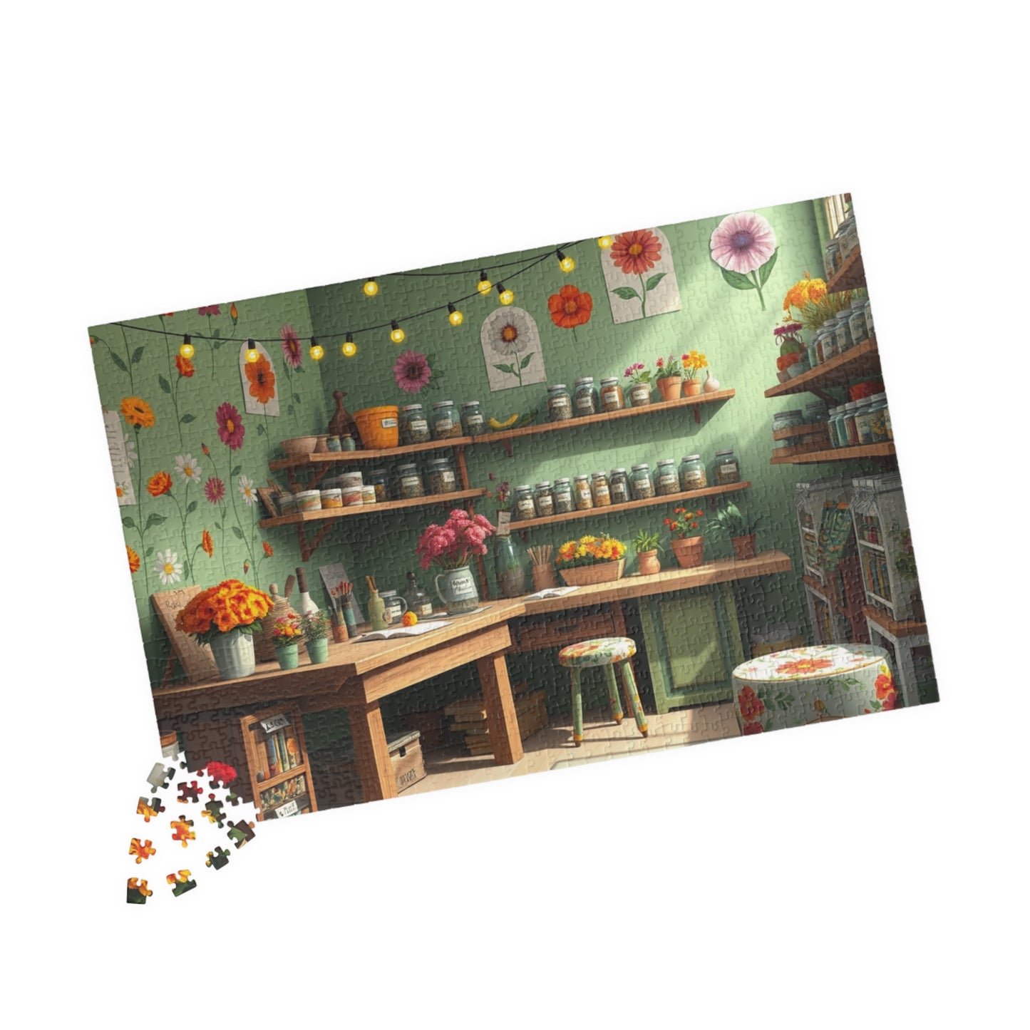 Country Garden Workshop Puzzle (110-1014 Piece), Colorful Flower Illustrations Sage Green Walls and String Lights, Plant Enthusiast Gift Puzzle The Puzzle Chest