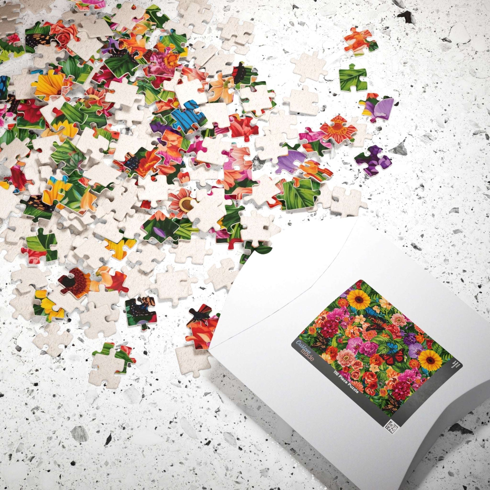 Garden Collage Jigsaw Puzzle – Overlapping Flowers, Butterflies, and Green Leaves in a Vibrant Nature Puzzle Puzzle The Puzzle Chest
