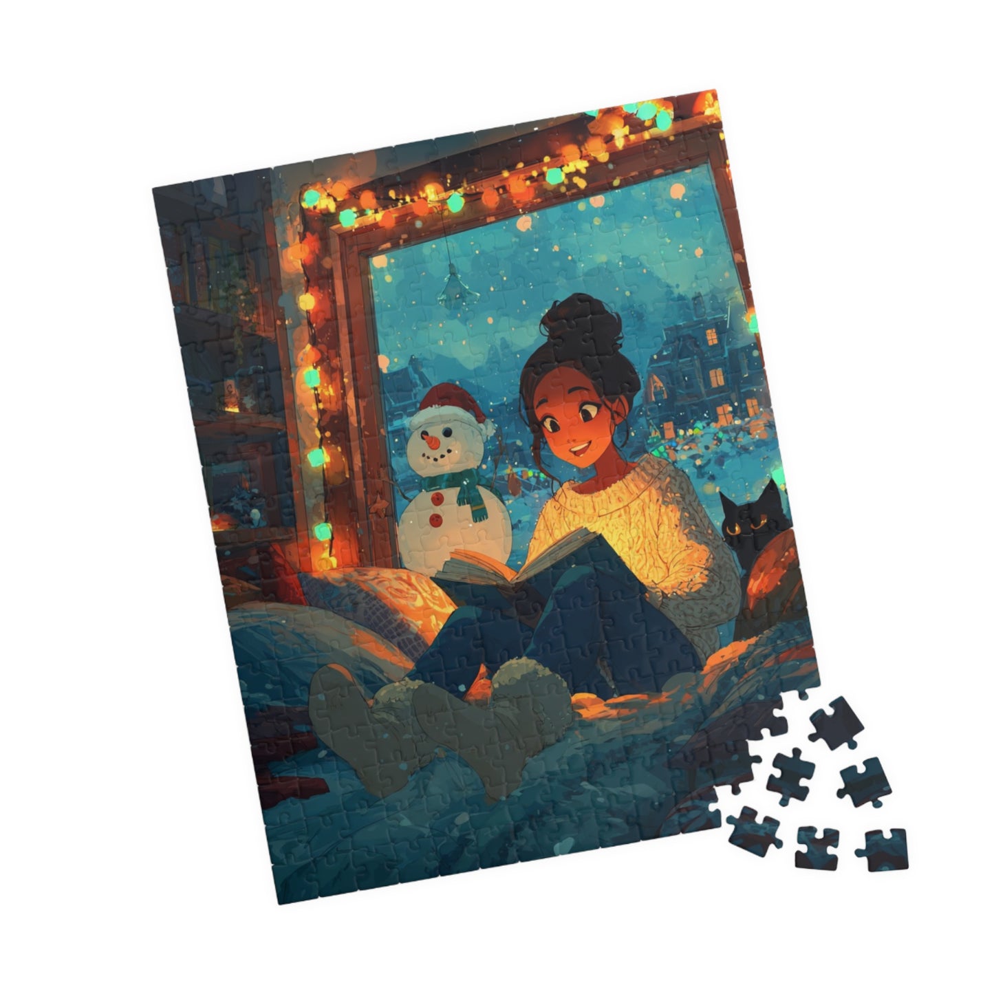 Christmas Window Glow Jigsaw Puzzle – Woman Reading by the Window with Fairy Lights, Snowman and Black Cat 252 pcs (Vertical) Puzzle The Puzzle Chest