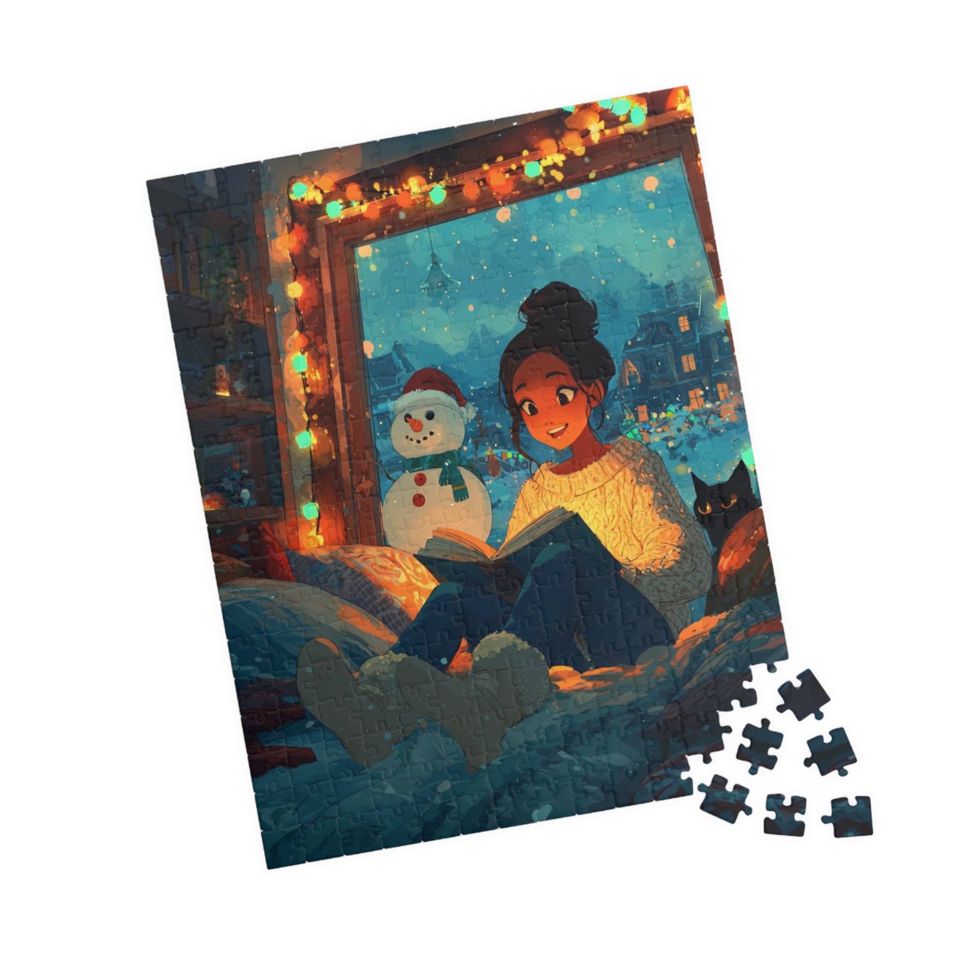 Christmas Window Glow Jigsaw Puzzle – Woman Reading by the Window with Fairy Lights, Snowman and Black Cat 252 pcs (Vertical) Puzzle The Puzzle Chest