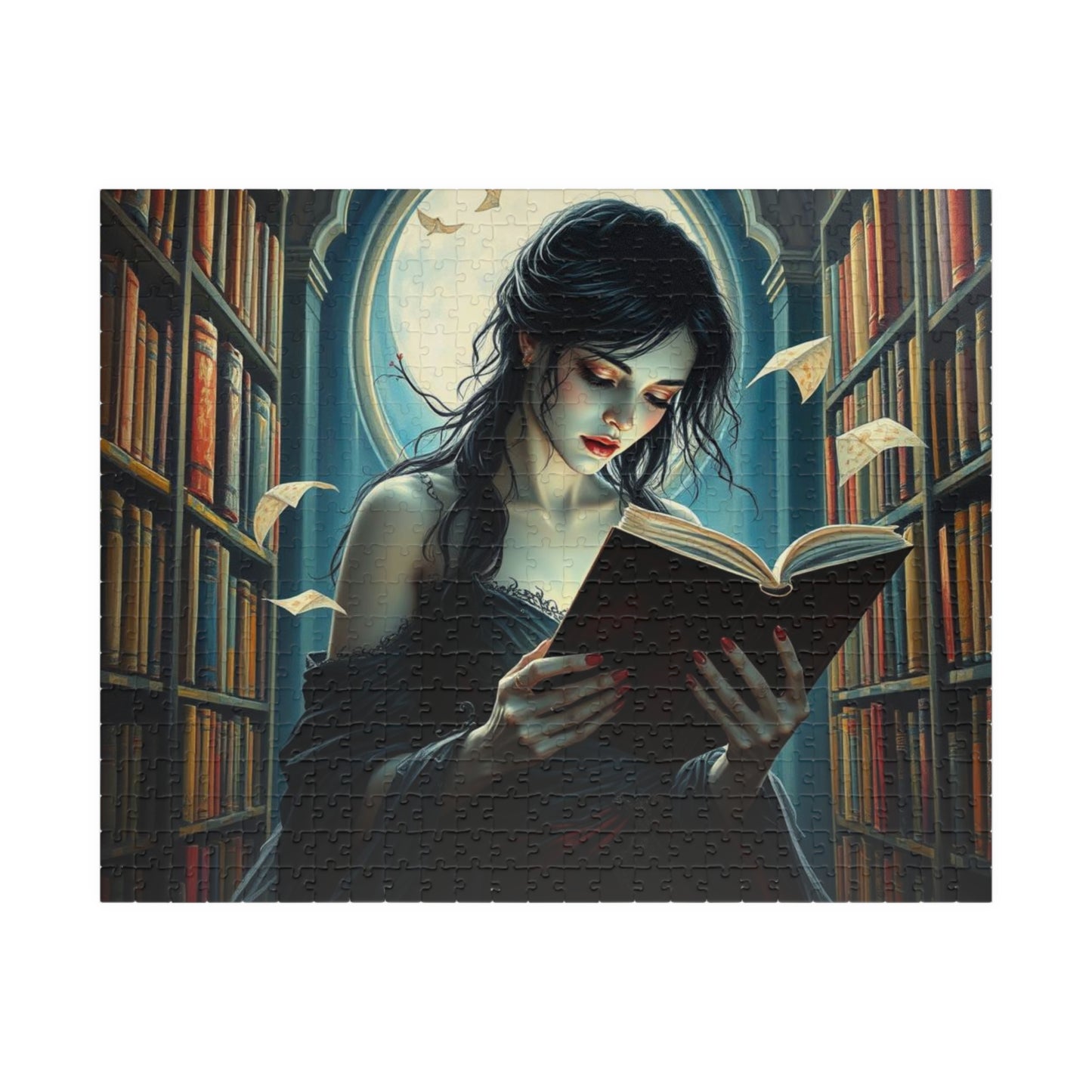 The Poet's Muse Jigsaw Puzzle, Spectral Woman Reading in Library, Gothic Puzzle, Dark Fantasy Puzzle, Mystical Book Lover Gift for Friend 520 pcs (Horizontal) Puzzle The Puzzle Chest