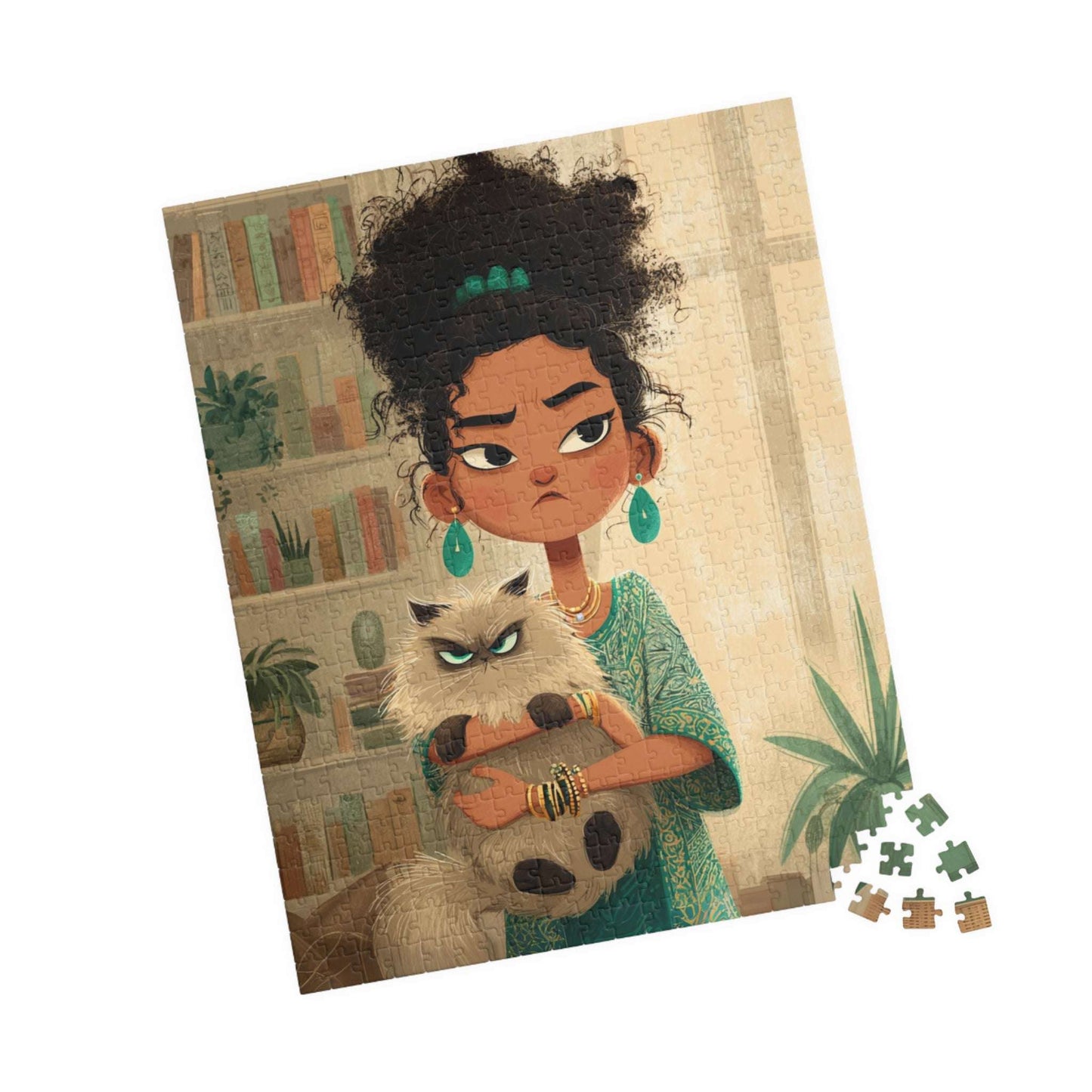 Funny Cat Cartoon Puzzle for Adults - Woman Holding Grumpy Kitten, Watercolor Illustration 520 pcs (Vertical) Puzzle The Puzzle Chest