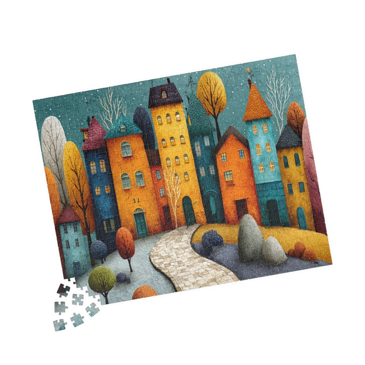 Playful Fantasy Village Jigsaw Puzzle – Artistic Townscape with Colorful Homes, Winding Path and Storybook Landscape 520 pcs (Horizontal) Puzzle The Puzzle Chest