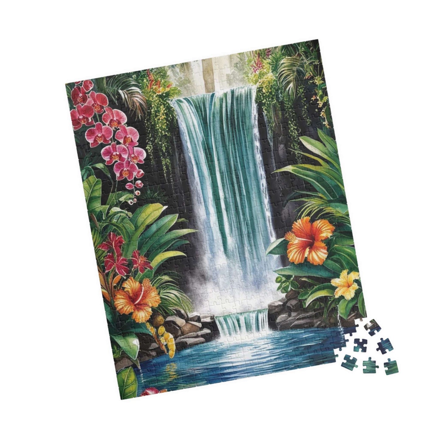 Tropical Waterfall Puzzle, Exotic Flowers Jigsaw Game Night Family Activity, Jungle Landscape Scene, Relaxing Brain Teaser for Puzzle Lover Puzzle The Puzzle Chest