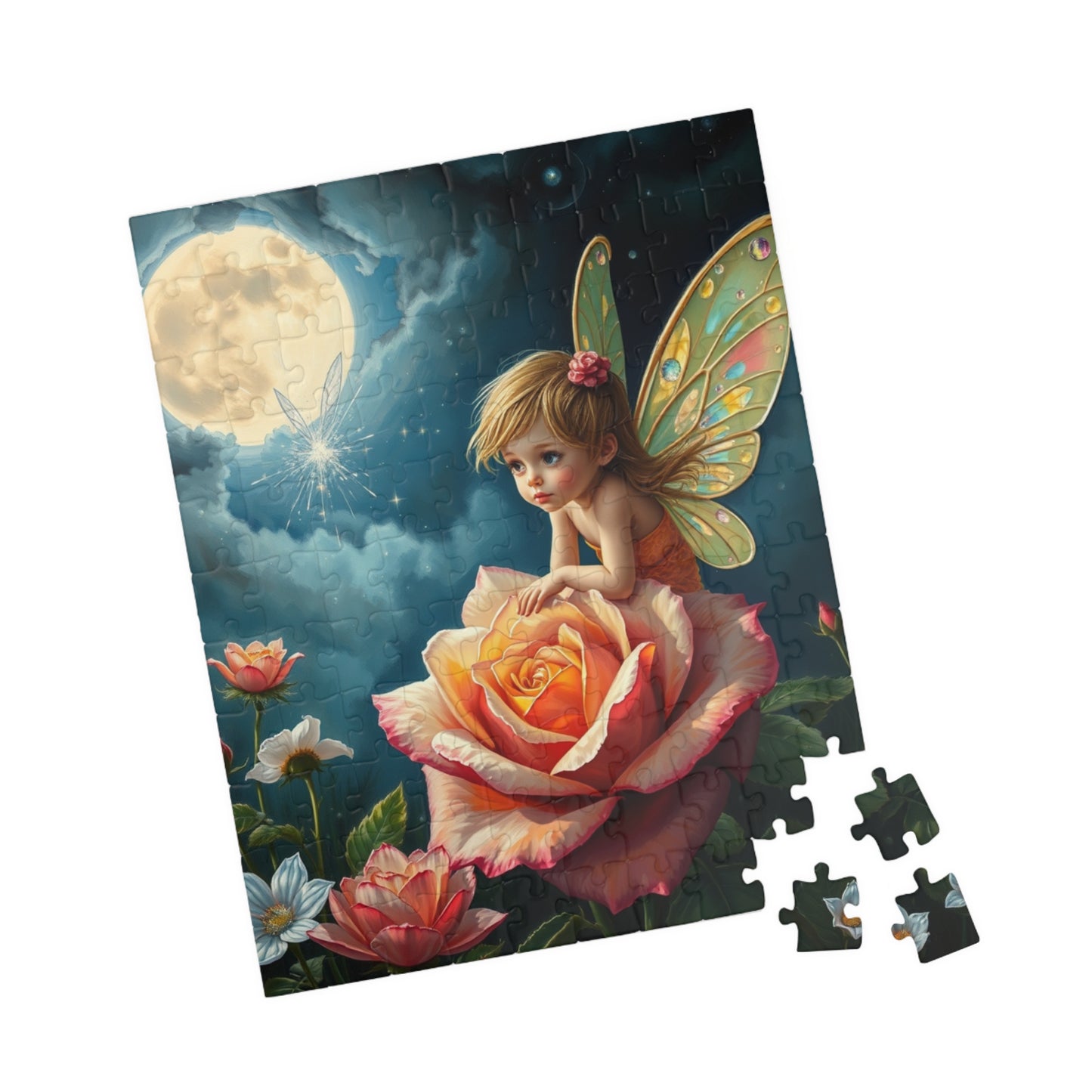 Fairy and Rose Jigsaw Puzzle, Fairy Perched on Dew-Covered Rose in Moonlit Meadow, Brain Teaser, Fun Family Activity, Fantasy Lover Gift Puzzle The Puzzle Chest