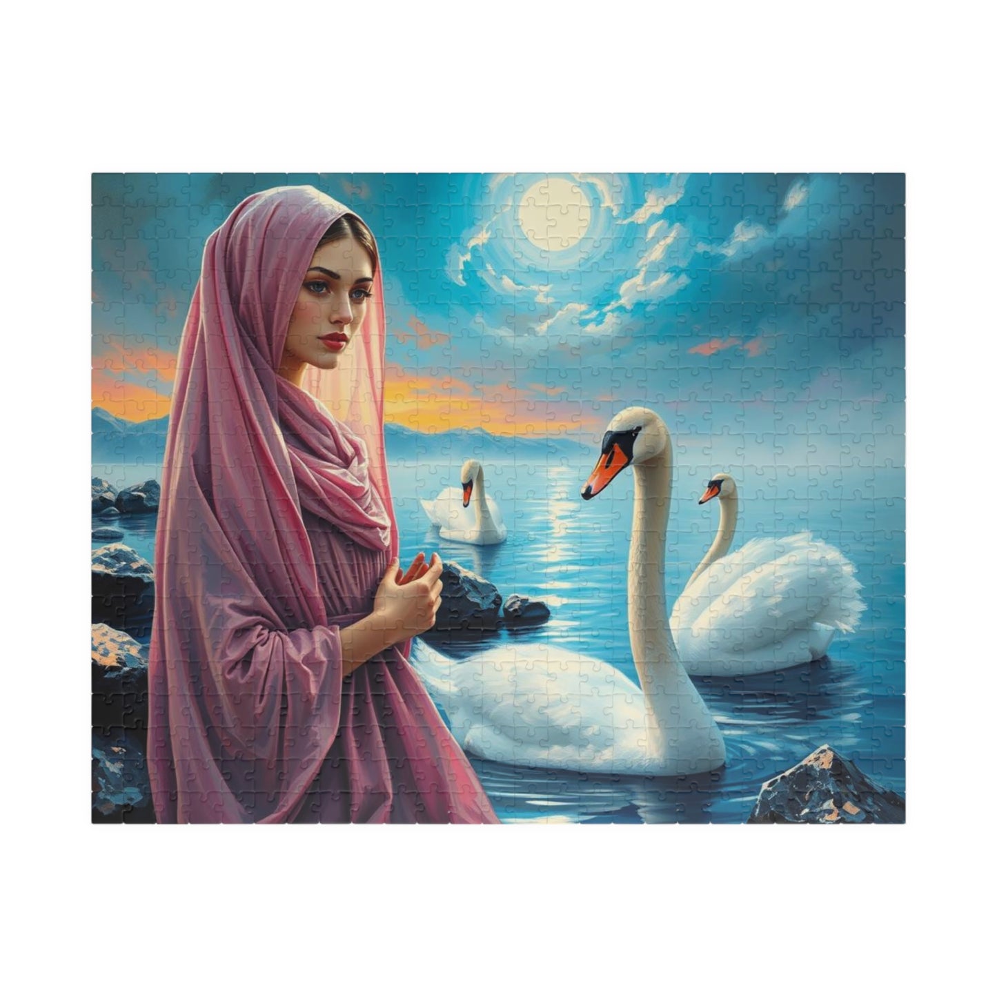 Echo of Avalon Jigsaw Puzzle, Mystic Lake with Swans Veiled Women, Dark Fantasy Puzzle, Gothic Puzzle Gift for Art Lover, Solo Fun, Game Night 520 pcs (Horizontal) Puzzle The Puzzle Chest
