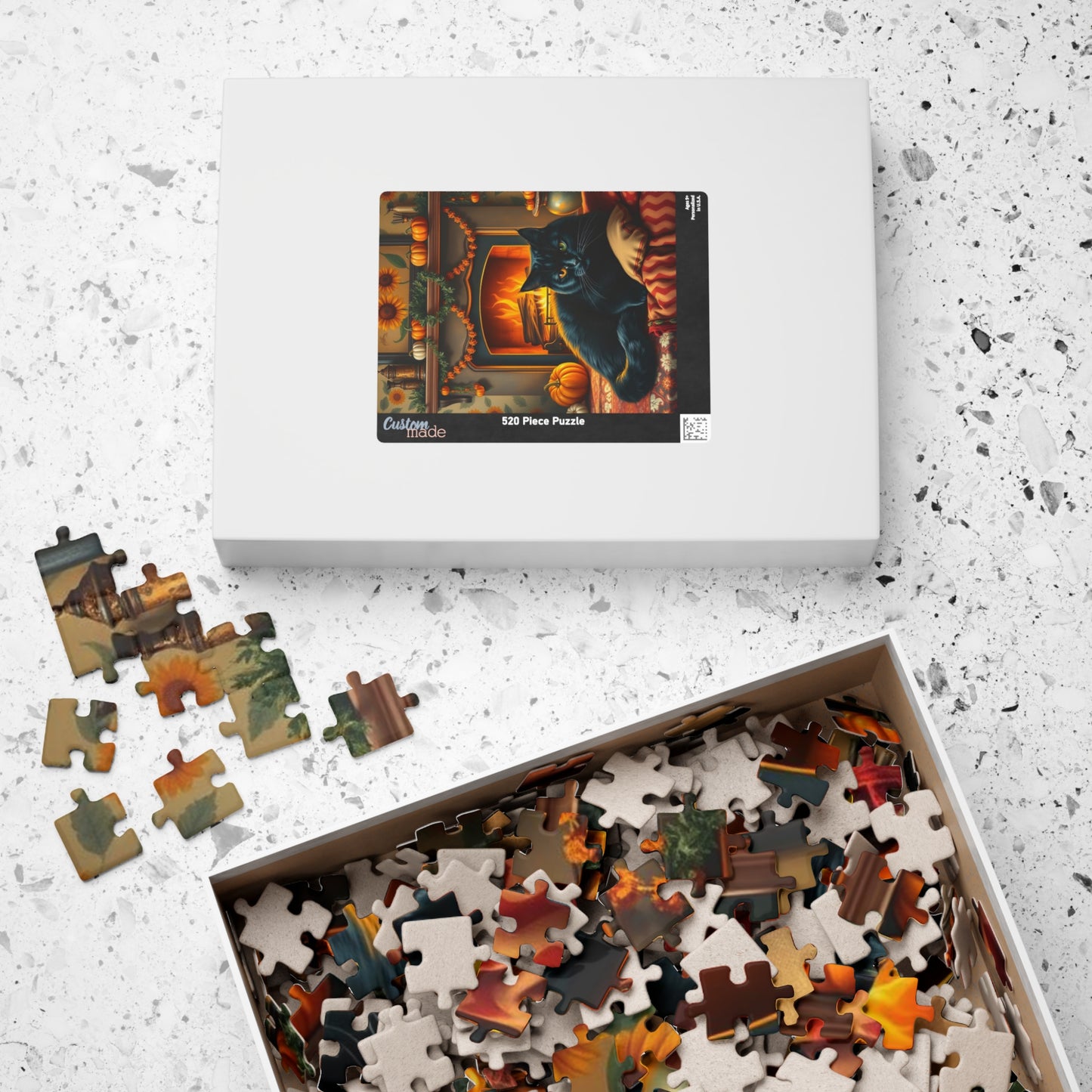 Hearthside Patch Paw Jigsaw Puzzle, Cozy Autumn Adult Folk Art Game with Black Cat and Pumpkins, Gift for Cat Lover, Fall Decor, Family Fun