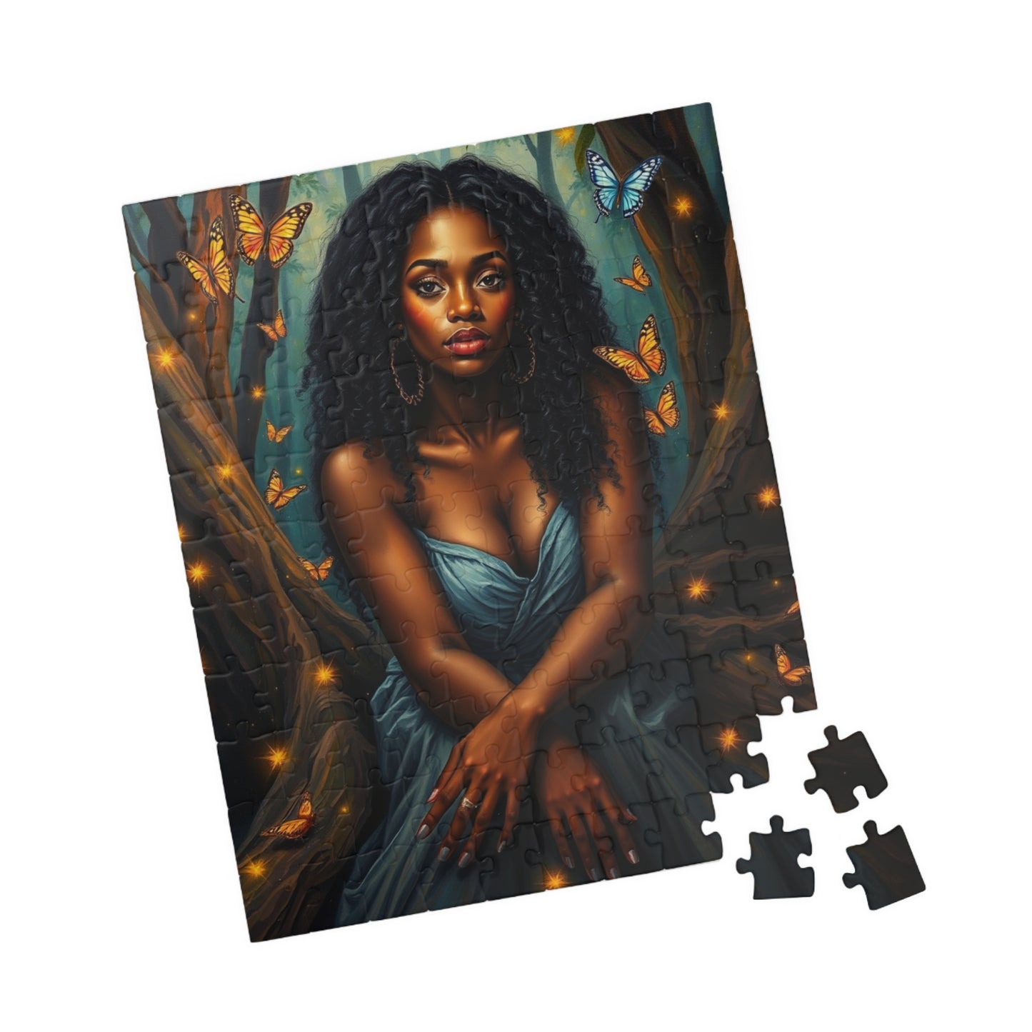 Afrocentric Jigsaw Puzzle - Black Woman in Mystical Forest, Fireflies and Butterflies Design, Relaxing Indoor Family or Solo Activity, Gift Puzzle The Puzzle Chest