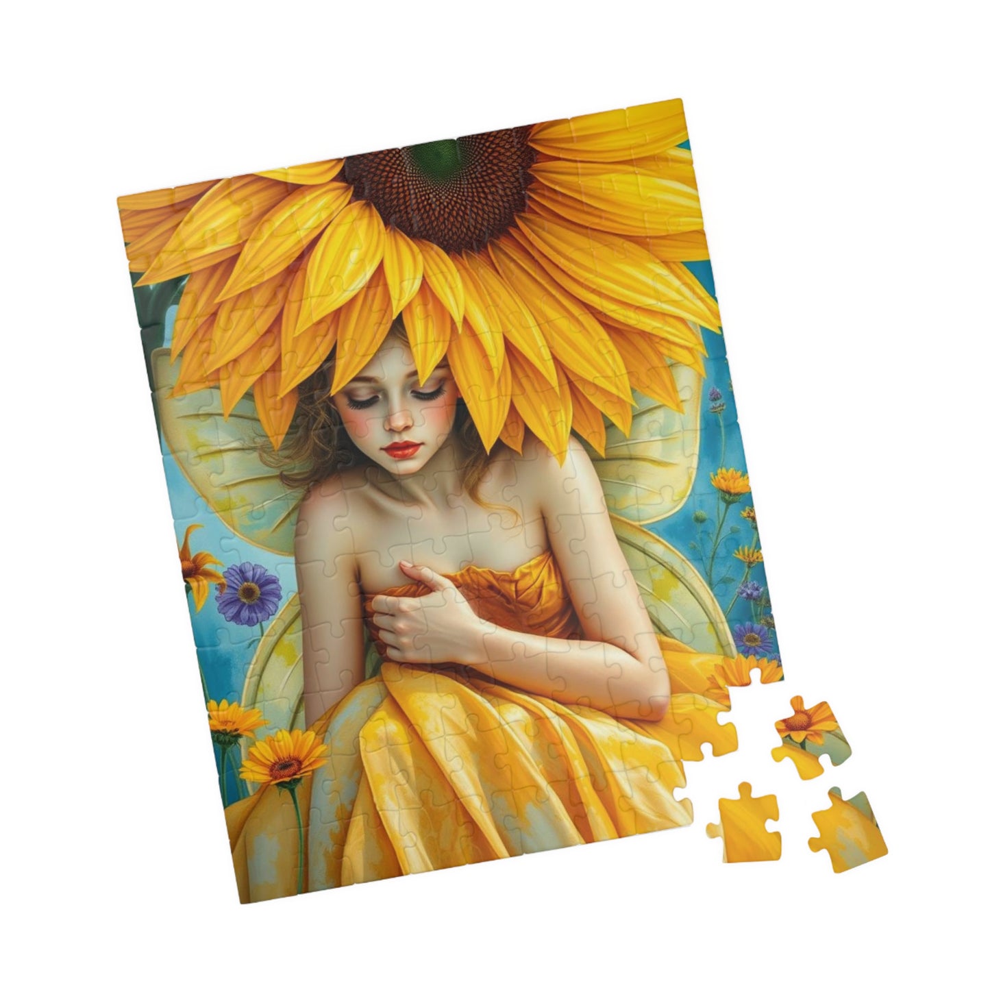 Sunflower Shade Fairy Jigsaw Puzzle, Floral Art Mythical Fantasy Game, Holiday or Birthday Gift for Friend, Decor, Mindfulness Activity