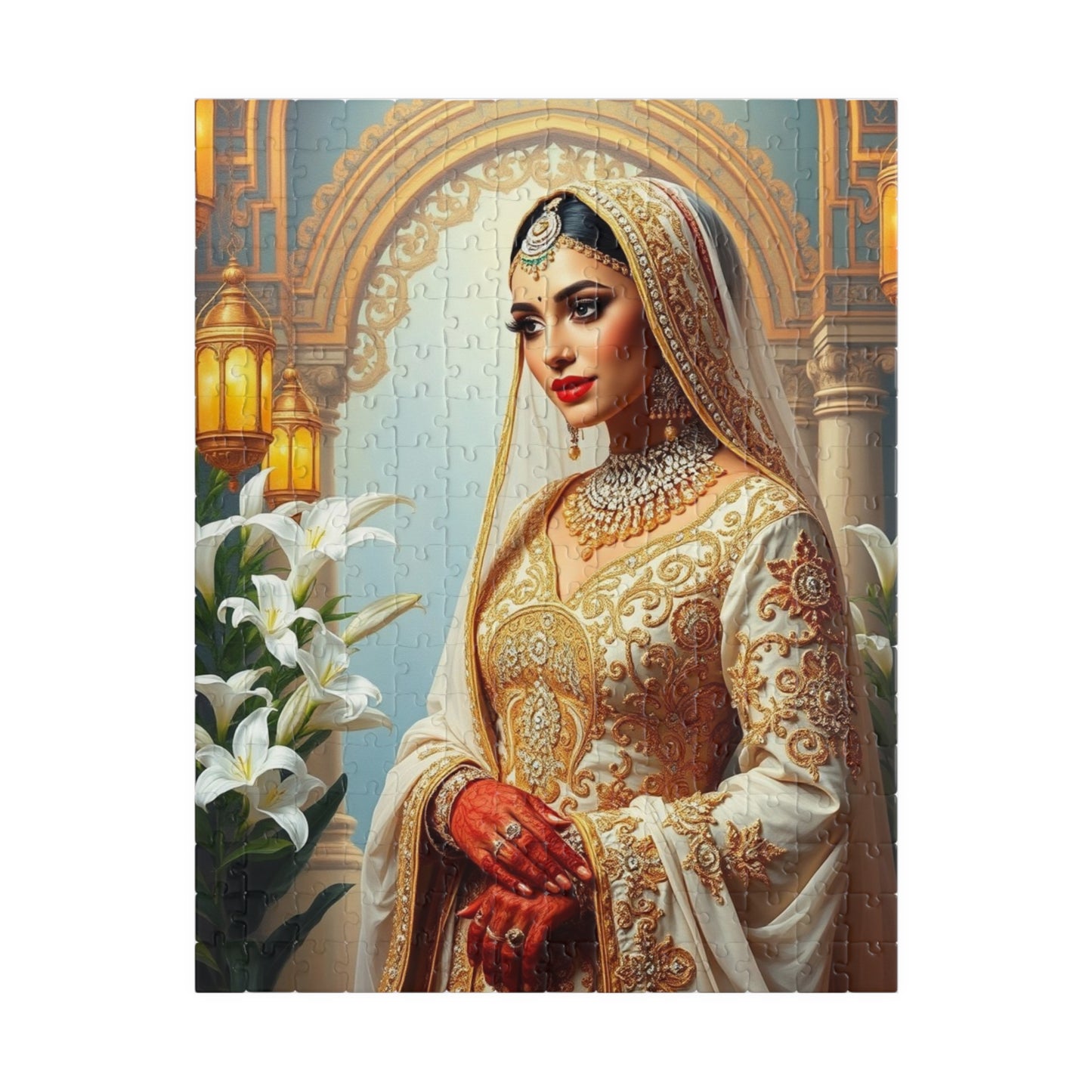 Middle Eastern Bride Puzzle with Gold Ivory Kaftan and Lanterns, Family Friendly Wedding Jigsaw Game, Mindful Activity, Puzzle Lover Gift 252 pcs (Vertical) Puzzle The Puzzle Chest